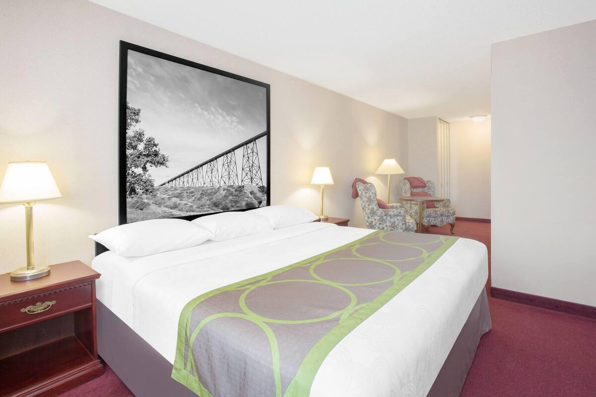 Habitación de hotel con cama, dos lámparas de noche, una silla y un cuadro grande en la pared.