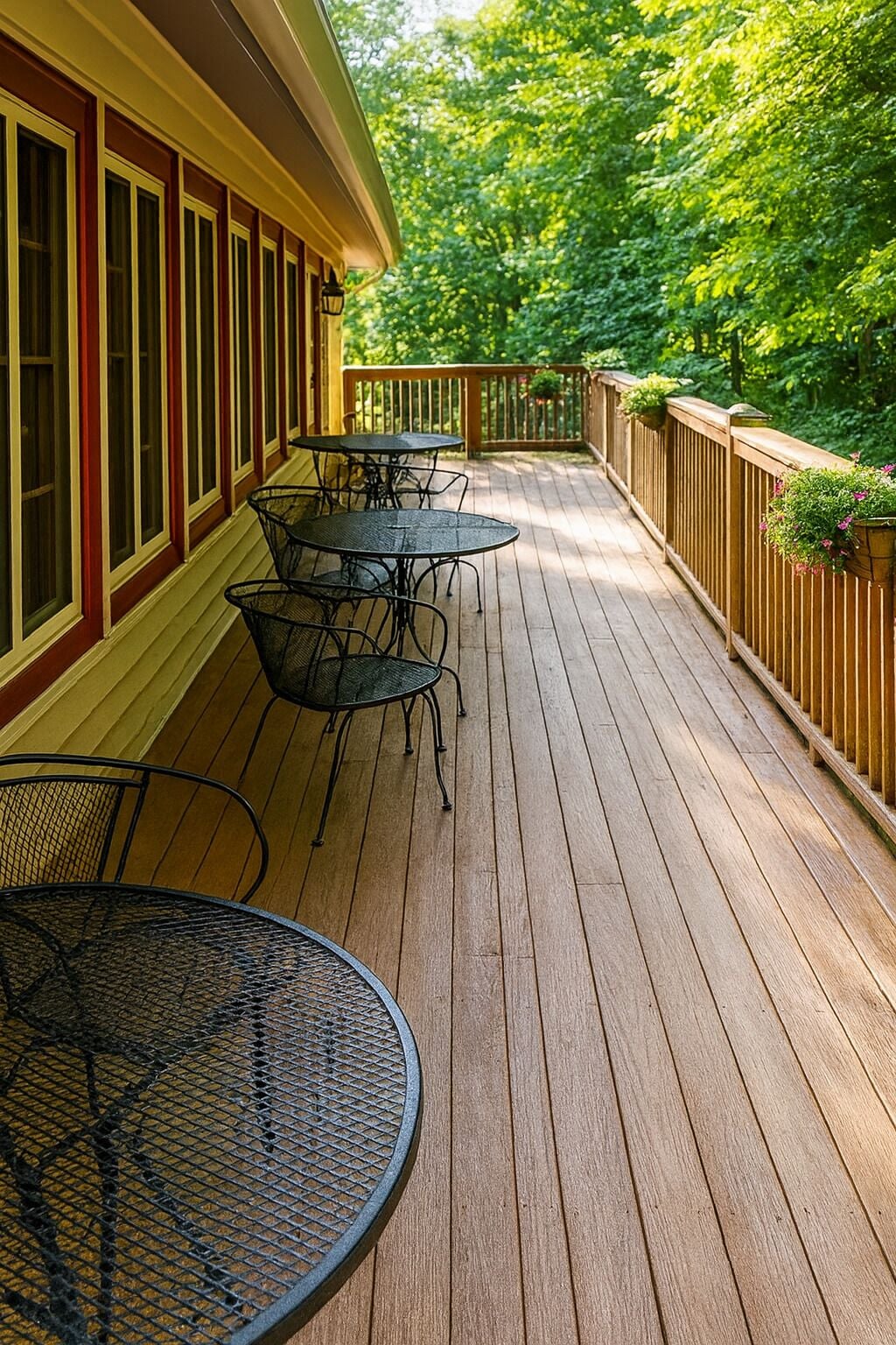 A wooden deck with outdoor tables and chairs, surrounded by a wooden fence and greenery.