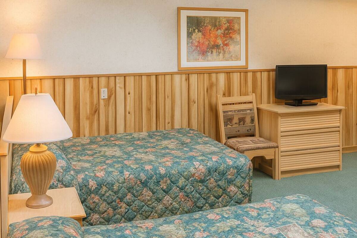 Een kamer met twee bedden, een televisie, een lamp en een schilderij aan de muur.