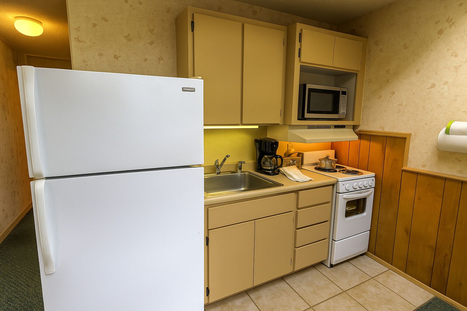 Una cocina compacta con refrigerador, microondas, estufa, pileta y armarios de madera.