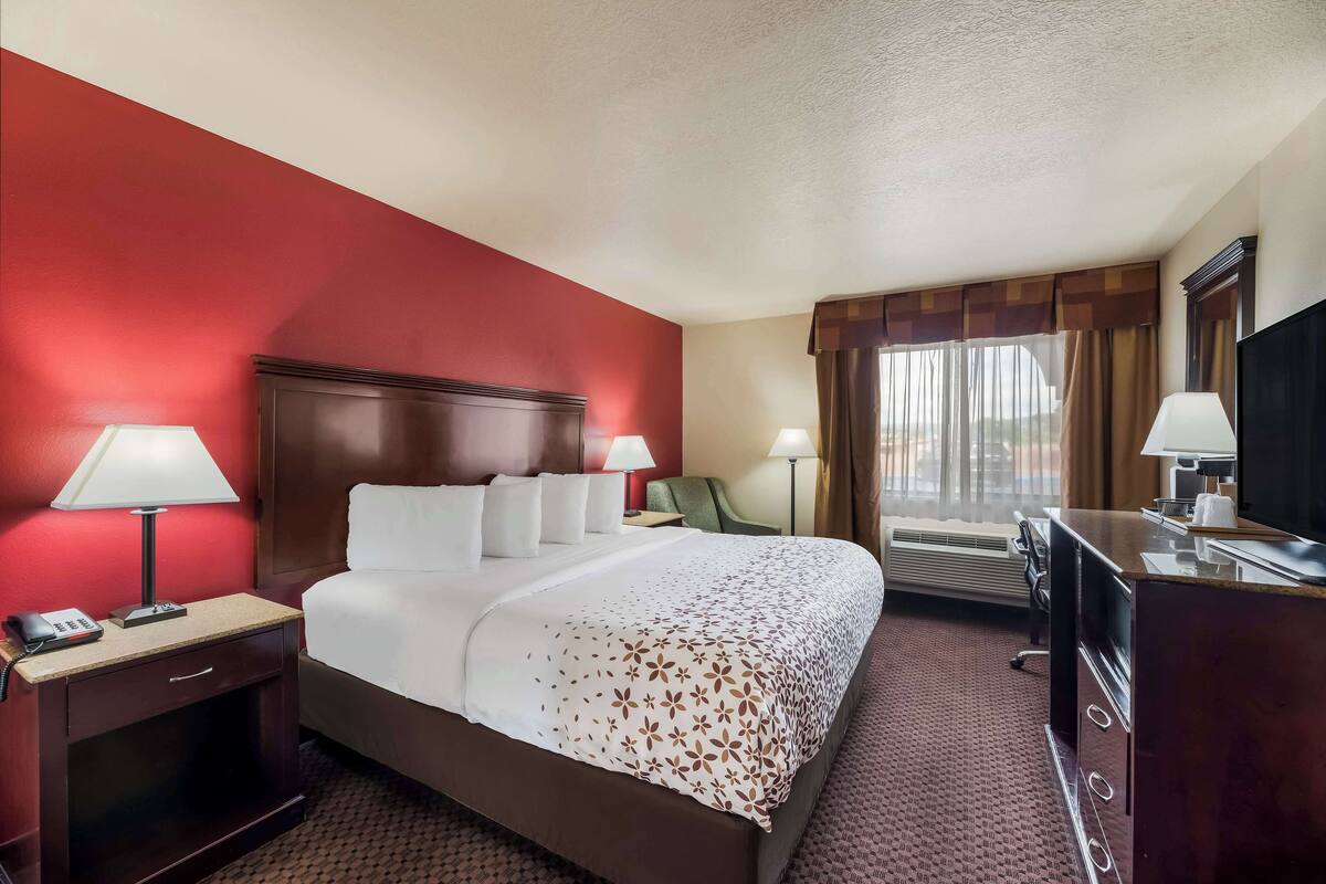 Une chambre d’hôtel avec un grand lit, deux tables de chevet avec des lampes, un bureau avec une télévision et une fenêtre avec des rideaux.