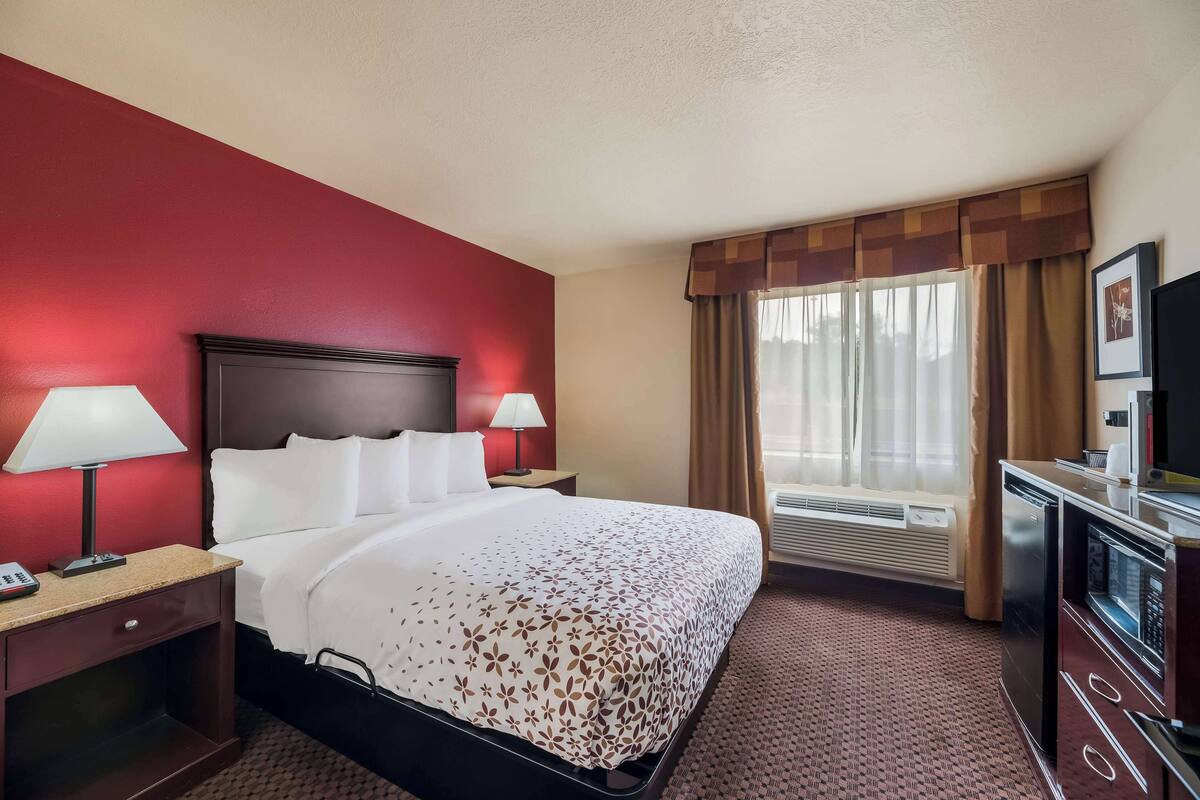 Une chambre d’hôtel avec un grand lit, deux lampes de chevet, une télévision, un radiateur et une fenêtre avec des rideaux.