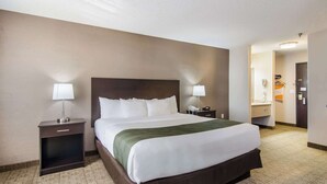 Una habitación de hotel con una cama grande, dos mesitas de noche con lámparas, un aparador y un espejo.