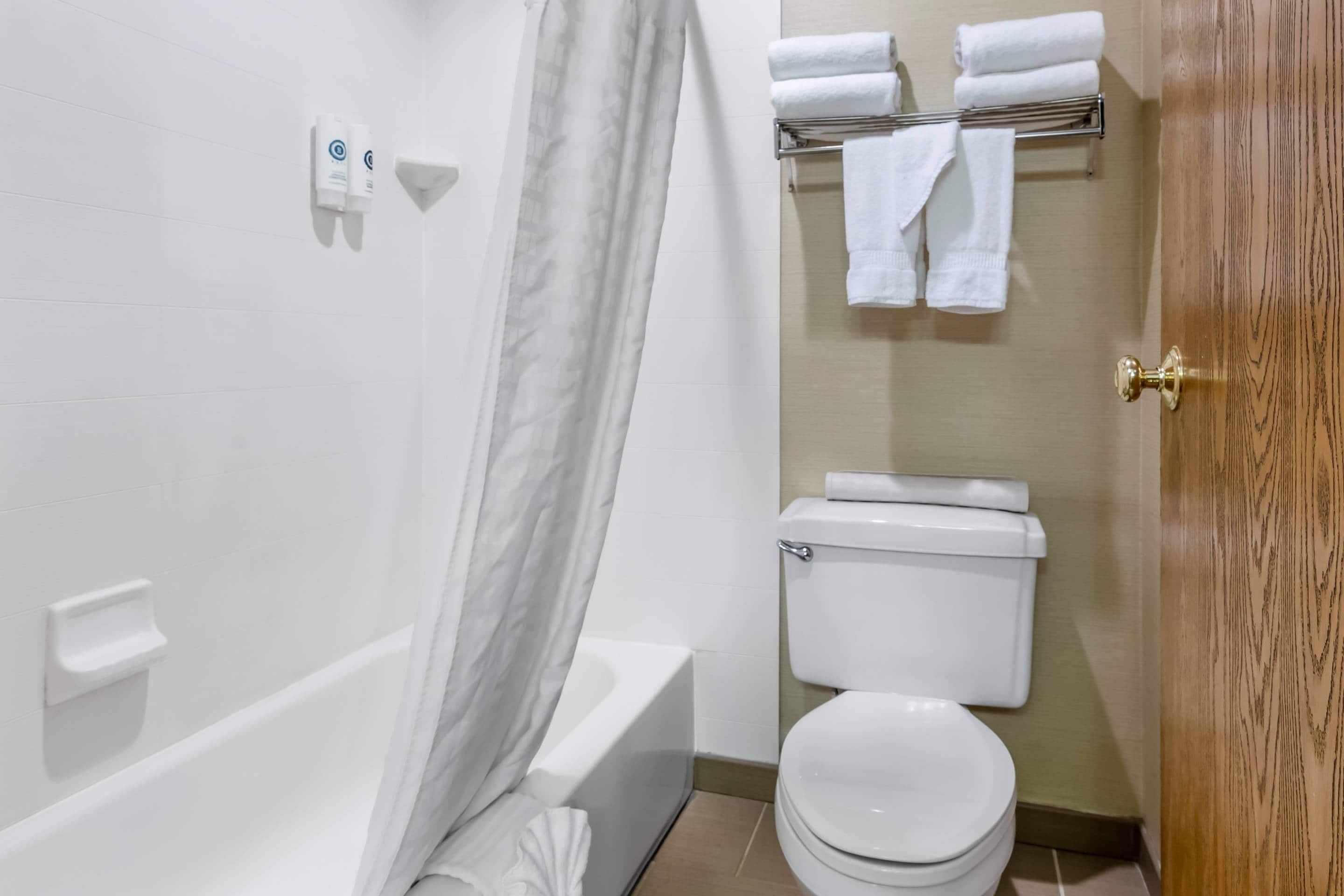 A bathroom with a bathtub, toilet, and towel rack.