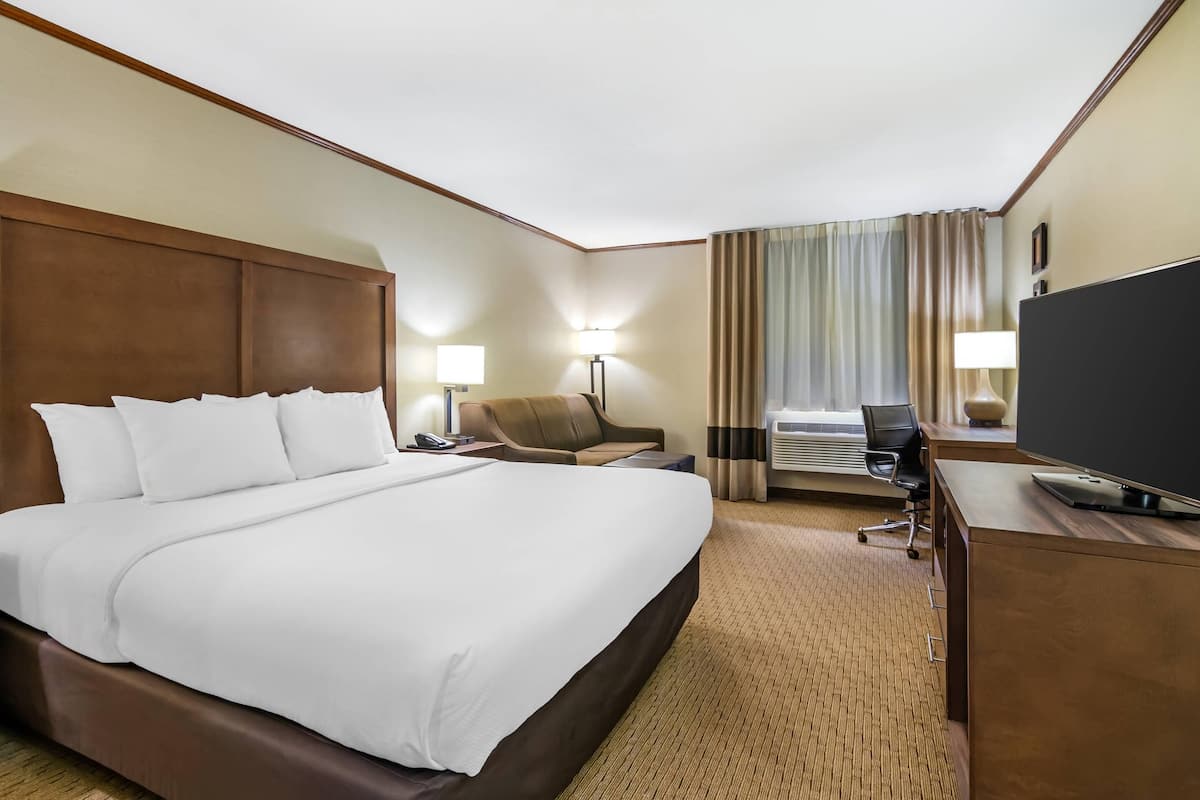Premium bedding, blackout curtains, iron/ironing board