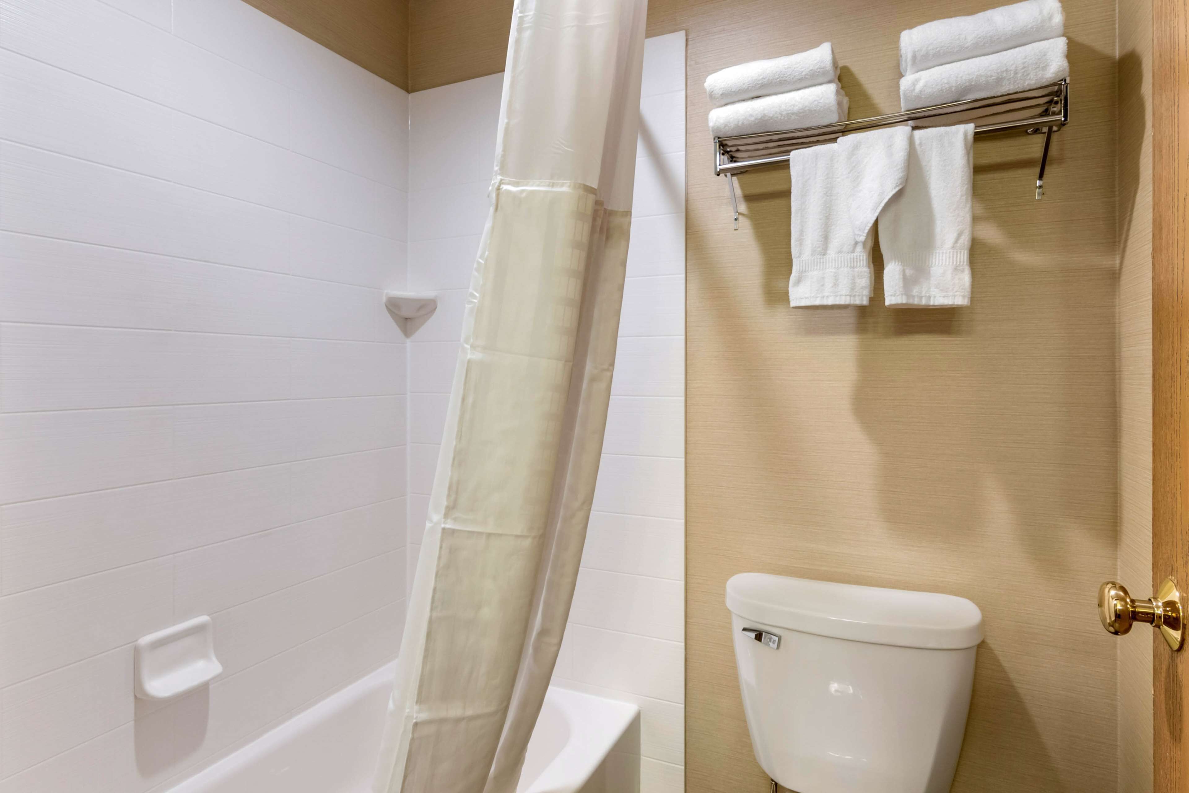 Un bagno con una vasca da bagno bianca, una tenda da doccia, un water e un porta asciugamani con asciugni piegati.