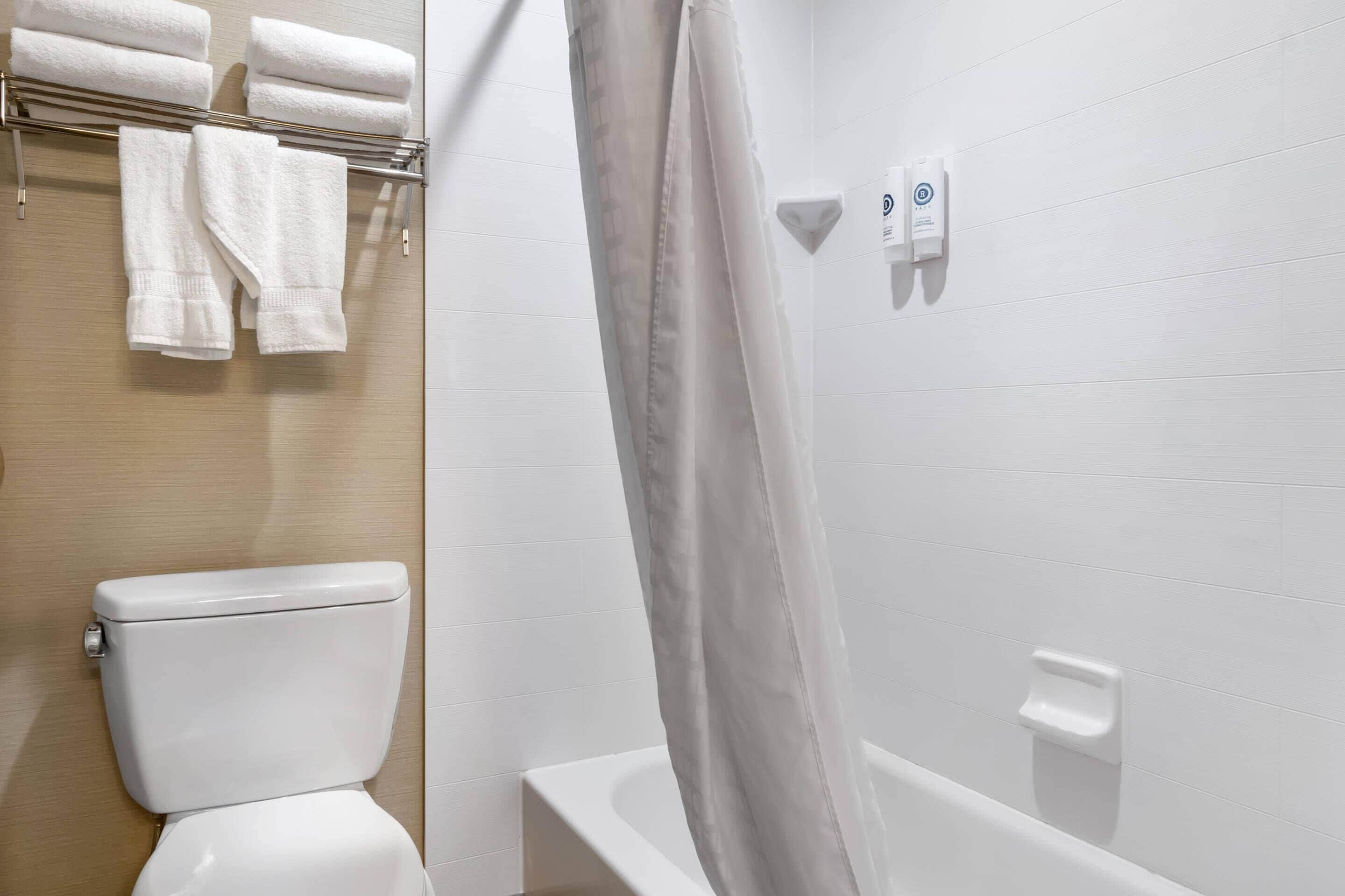 Ein Badezimmer mit Toilette, Handtuchhalter mit gefalteten Handtüchern, einer Duschvorhang und einem Seifenspender.