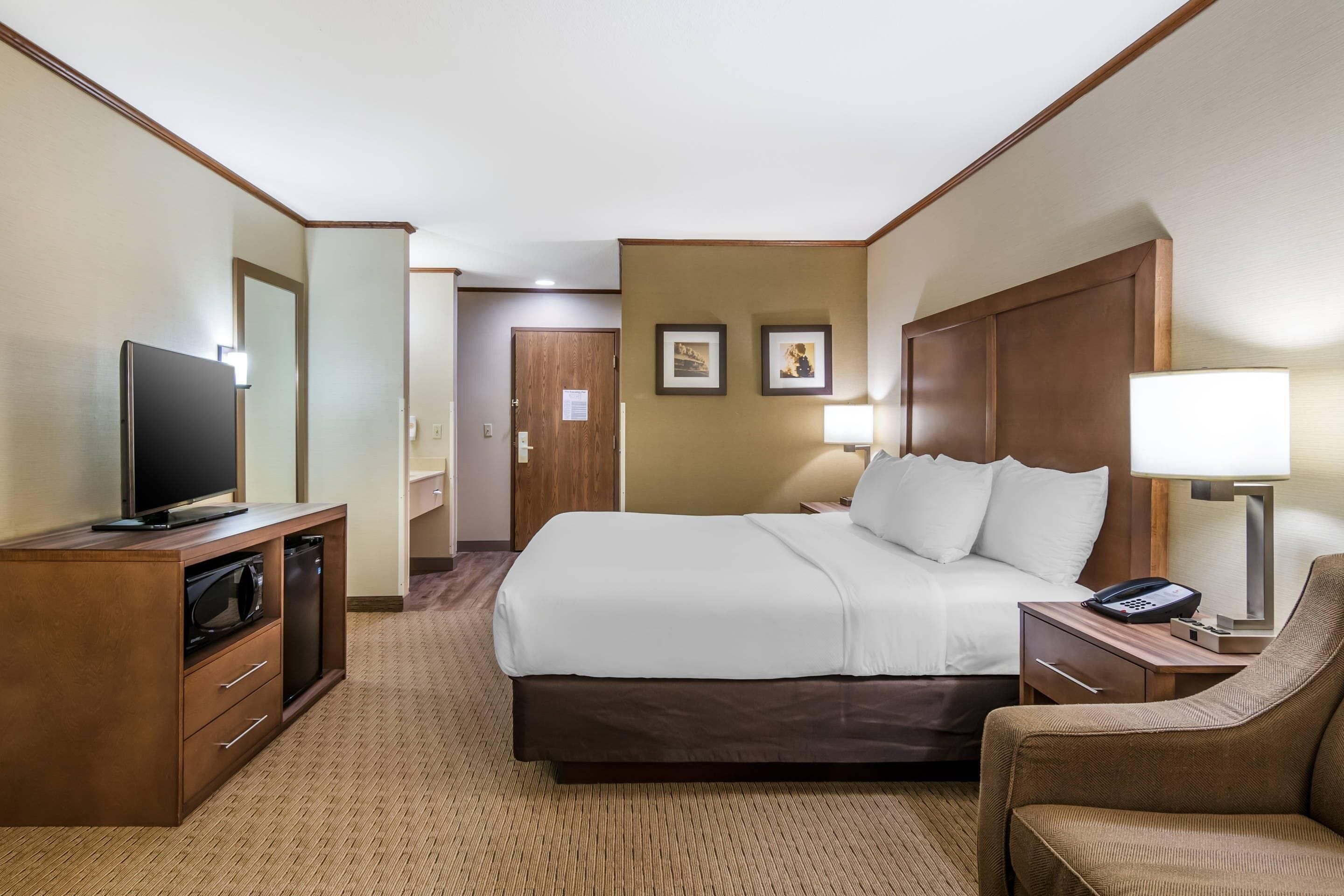 Una habitación de hotel con cama, televisión, escritorio, silla y lámpara.