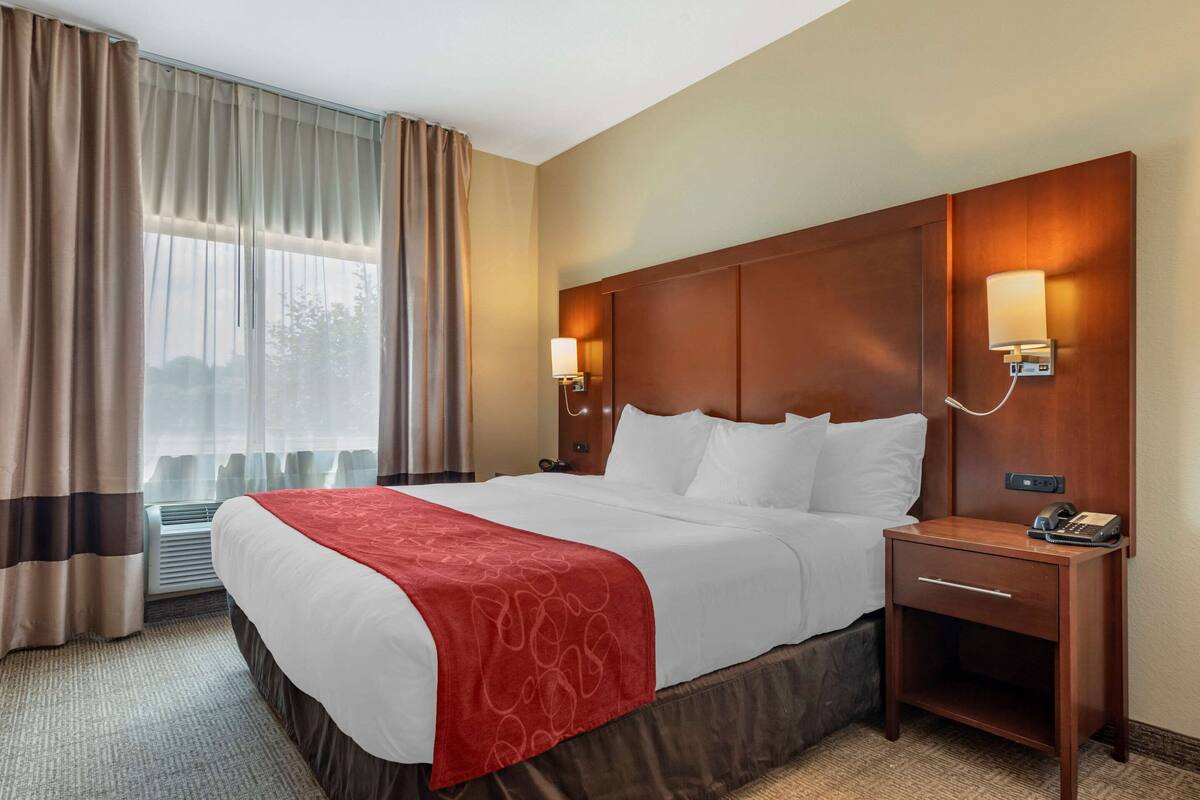 A hotel room with a large bed, a bedside table with a lamp, and a window with curtains.