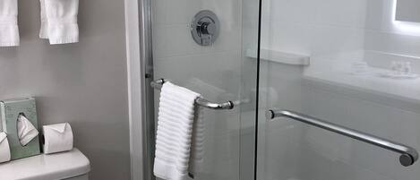 Un baño moderno con ducha de vidrio, inodoro y lavamanos con espejo.