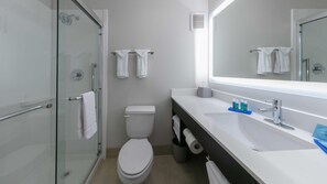 Bathroom features a glass-enclosed shower, toilet, and sink with a large mirror.