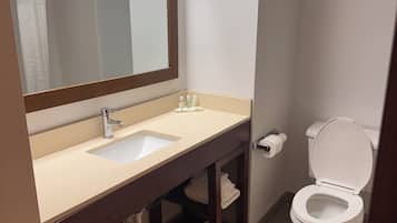 A bathroom with a sink, mirror, and toilet.
