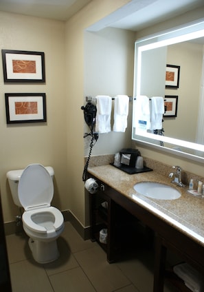 Combined shower/bathtub, free toiletries, hair dryer, towels