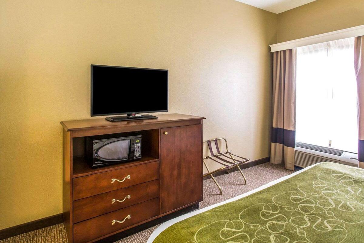 Une chambre d’hôtel avec un meuble en bois, un téléviseur à écran plat, un four à micro-ondes, une chaise et une grande fenêtre avec des rideaux.