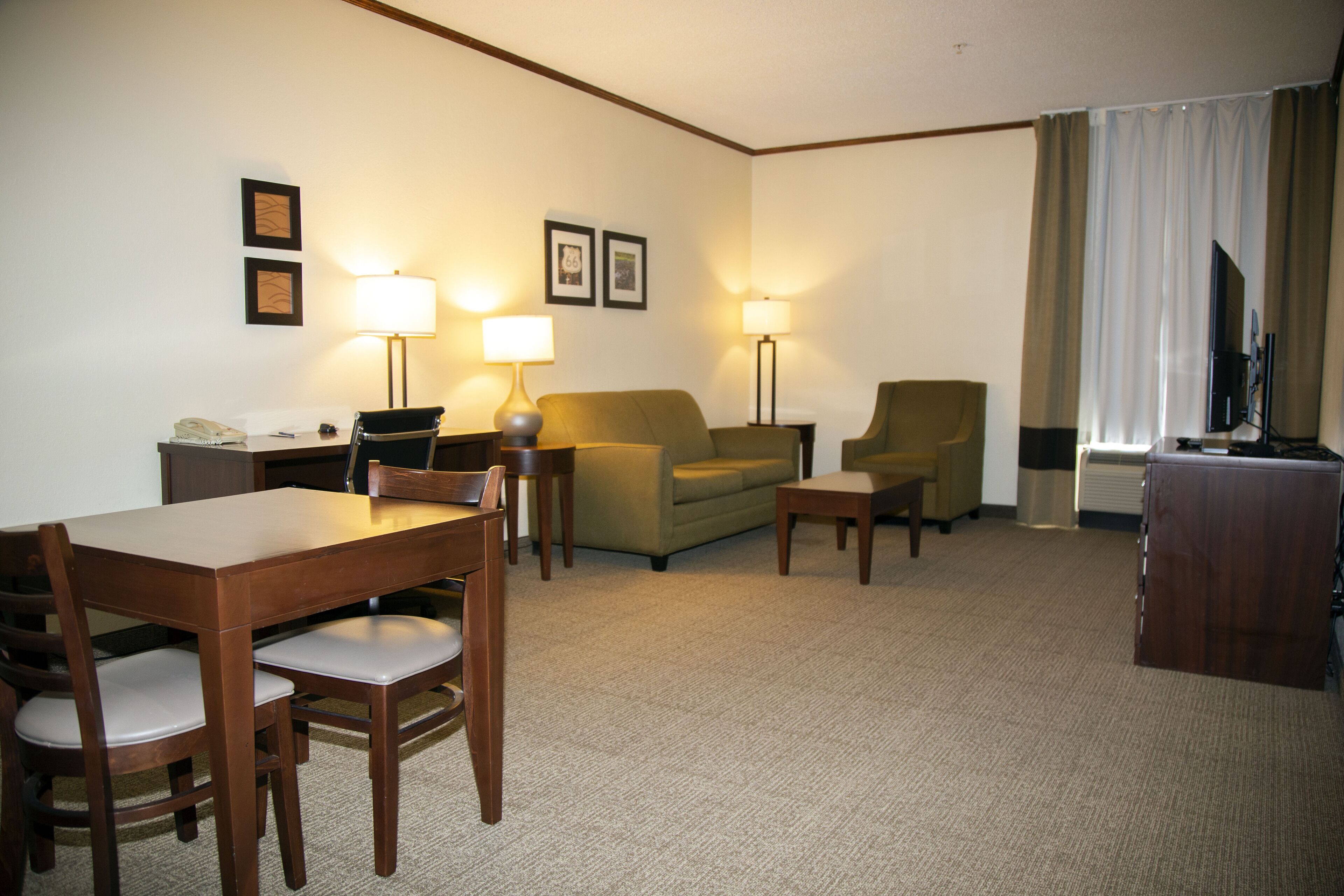 1 bedroom, desk, laptop workspace, blackout curtains