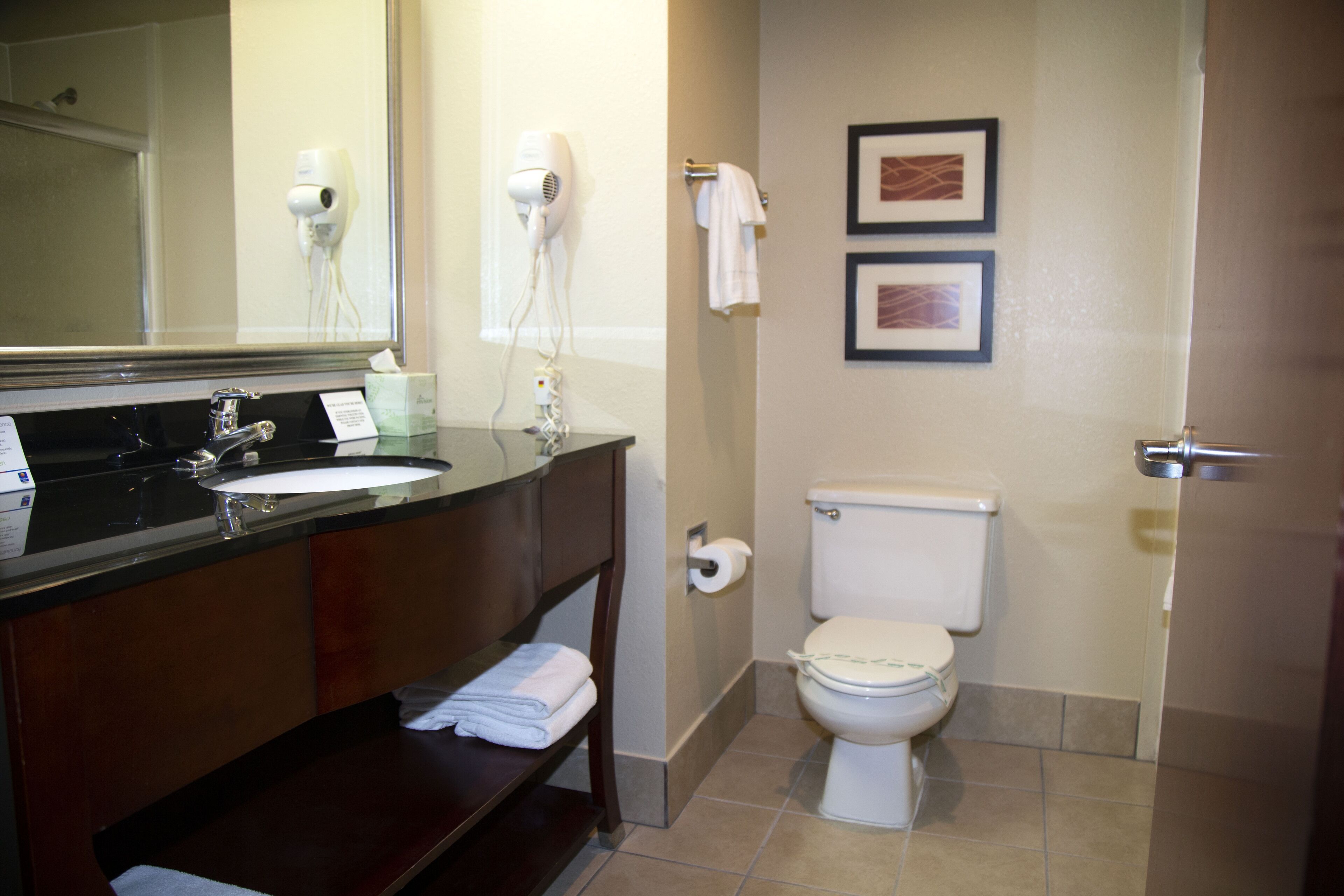 free toiletries, hair dryer, towels