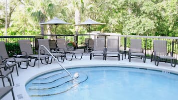 Outdoor pool, pool umbrellas, pool loungers