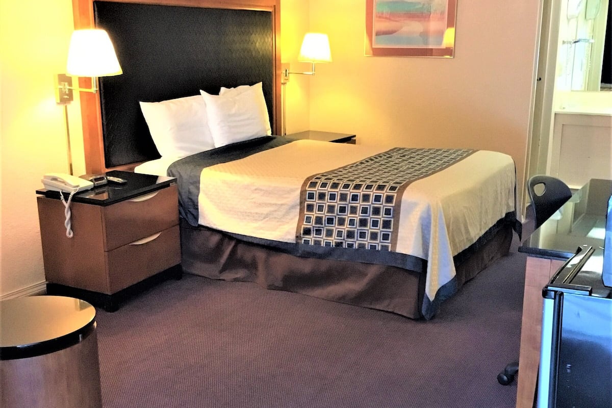 Una habitación de hotel con cama, lámparas de noche, escritorio con teléfono y un cesto de basura.