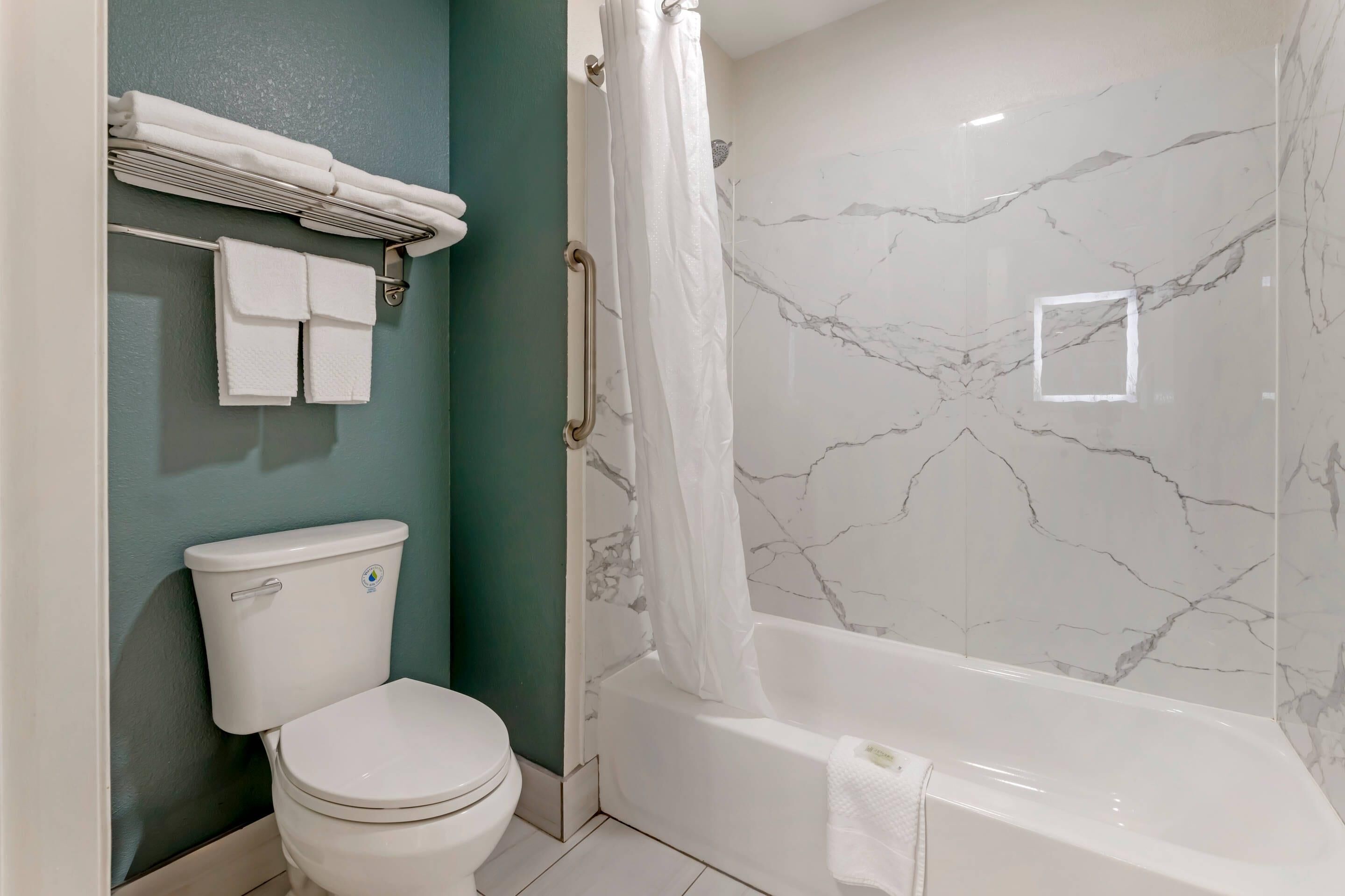 A bathroom with a toilet, a bathtub, and a shower curtain.