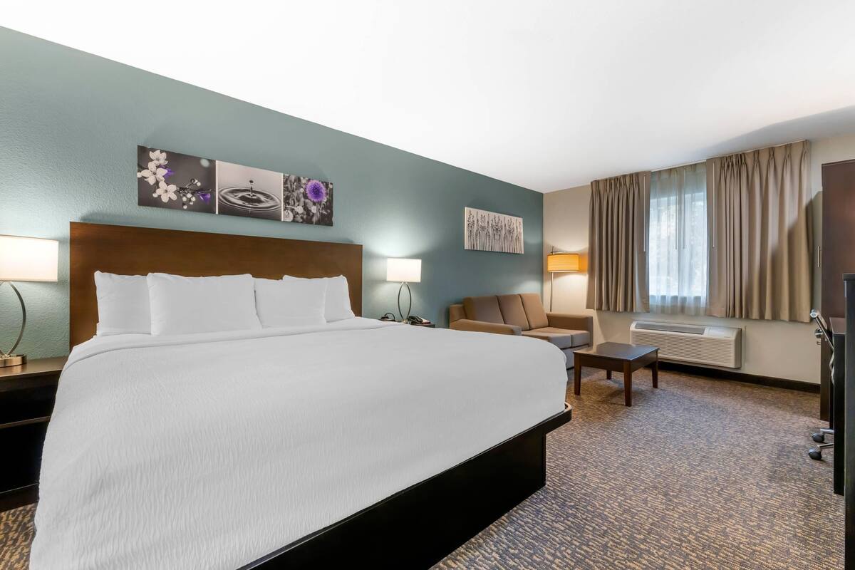 Une chambre d’hôtel avec un grand lit, un bureau, une chaise et un téléviseur.