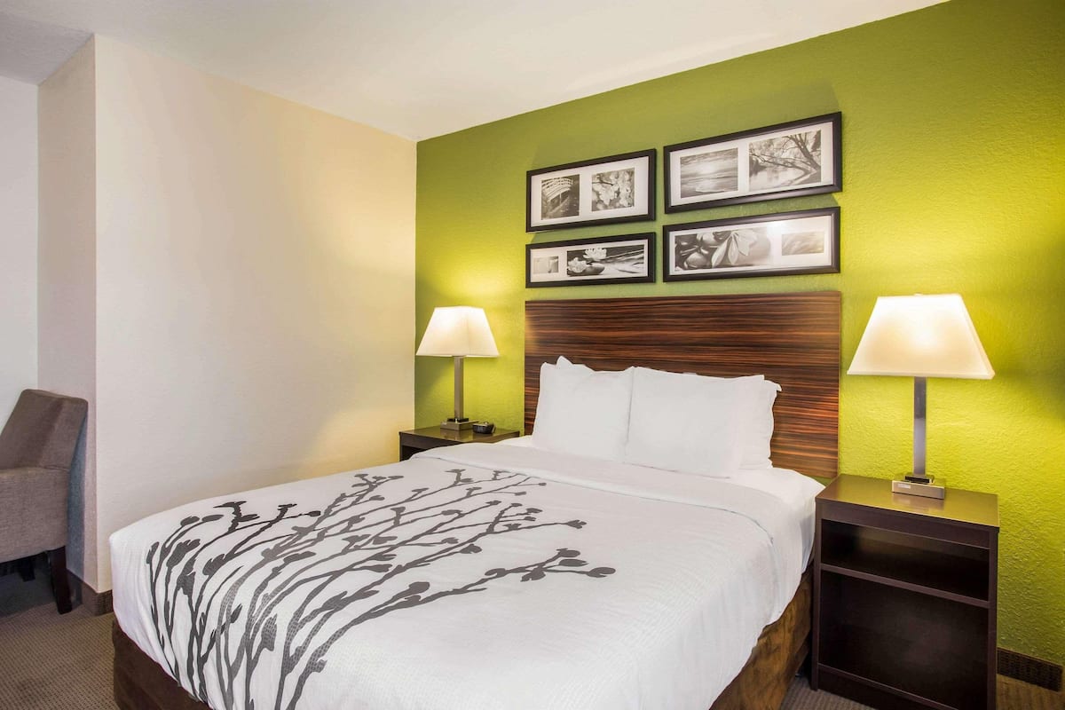 Habitación de hotel con una cama, dos mesitas de noche con lámparas, una silla y una pared decorada con cuadros.