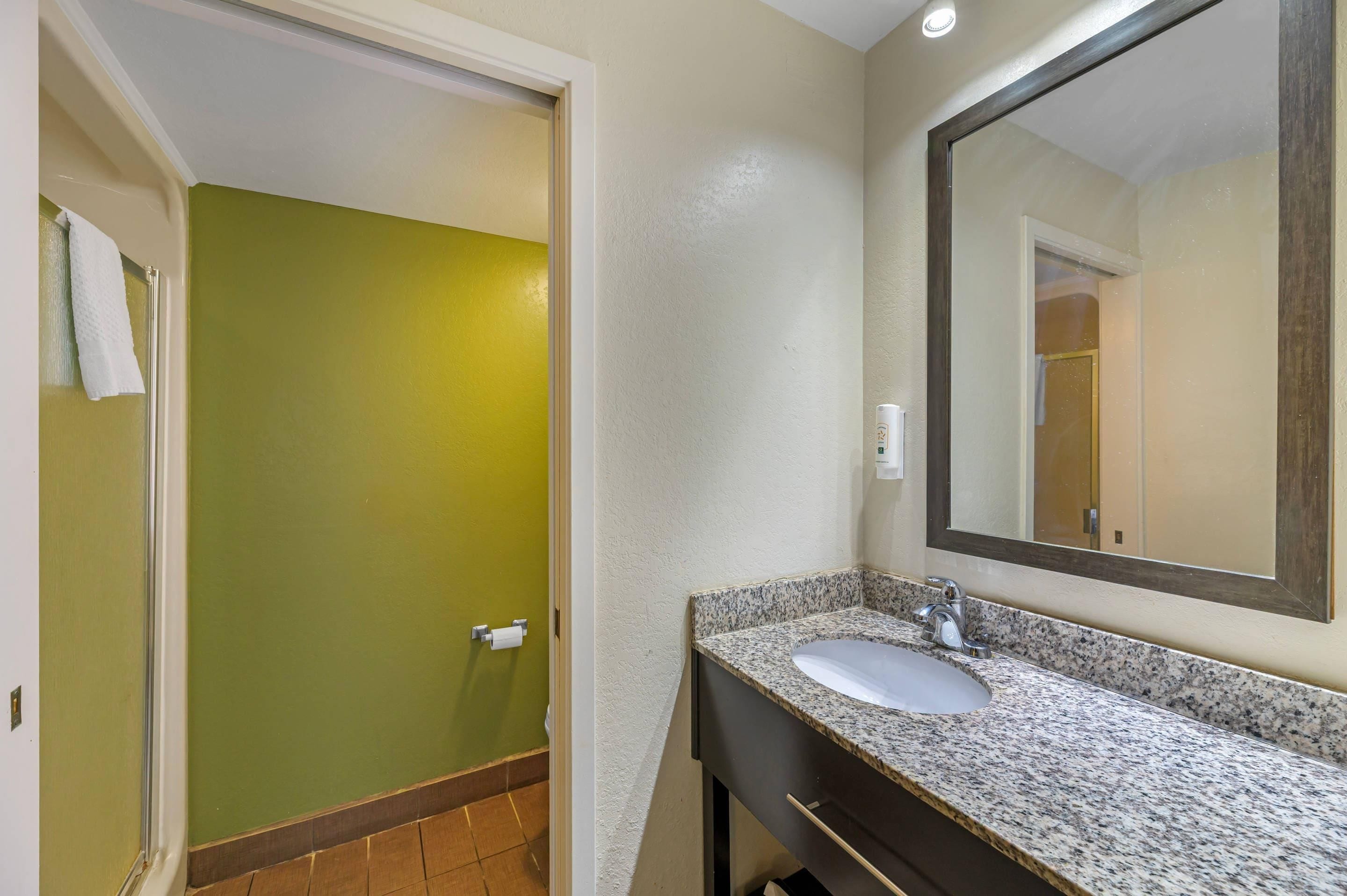 A bathroom with a sink, mirror, and a toilet paper holder.