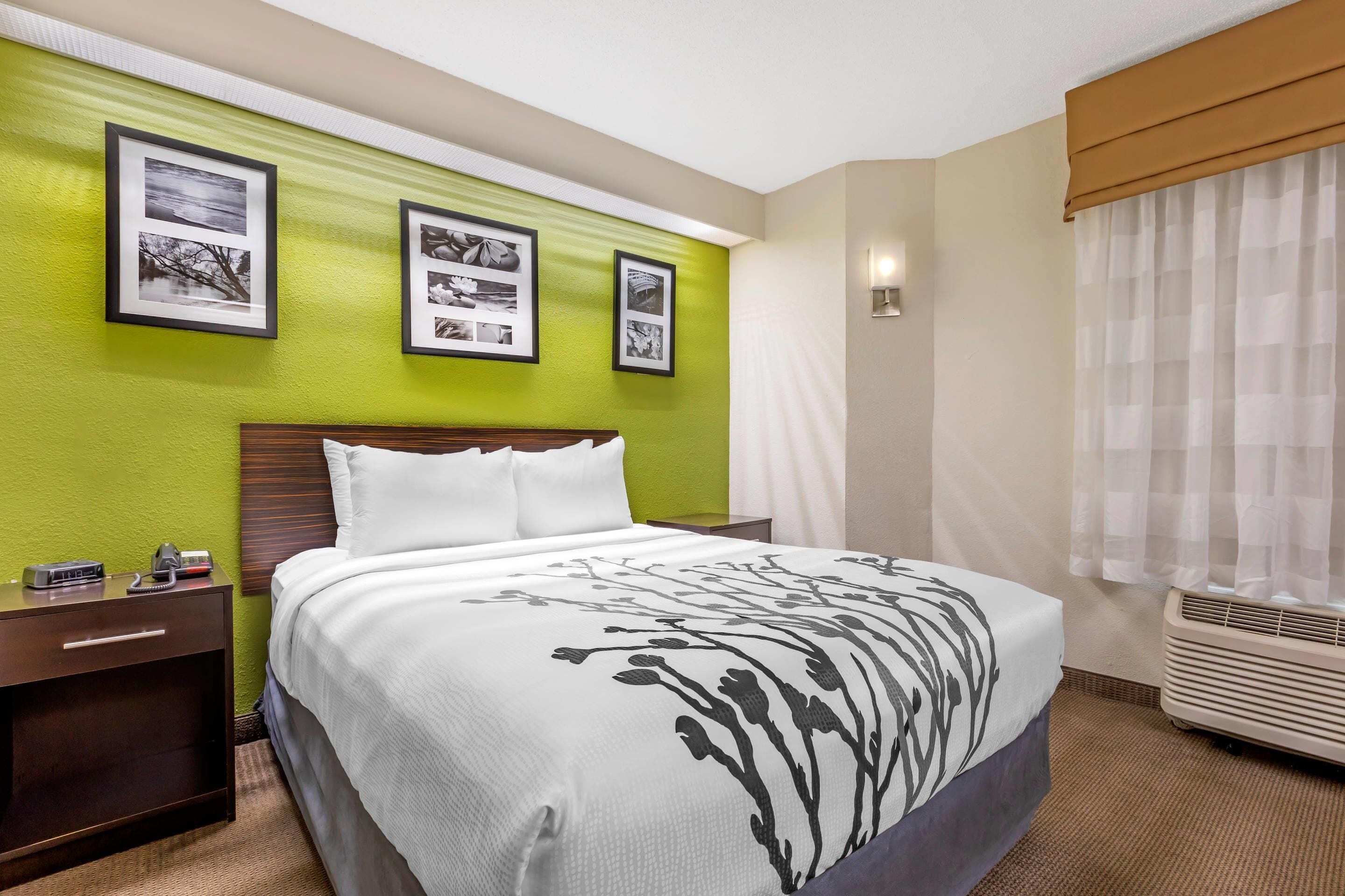 Une chambre d’hôtel avec un lit, une table de chevet, un climatiseur fixé au mur et des tableaux encadrés accrochés au mur.