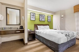 Habitación de hotel con cama, mesita de noche, espejo, lavamanos y cuadros en la pared.