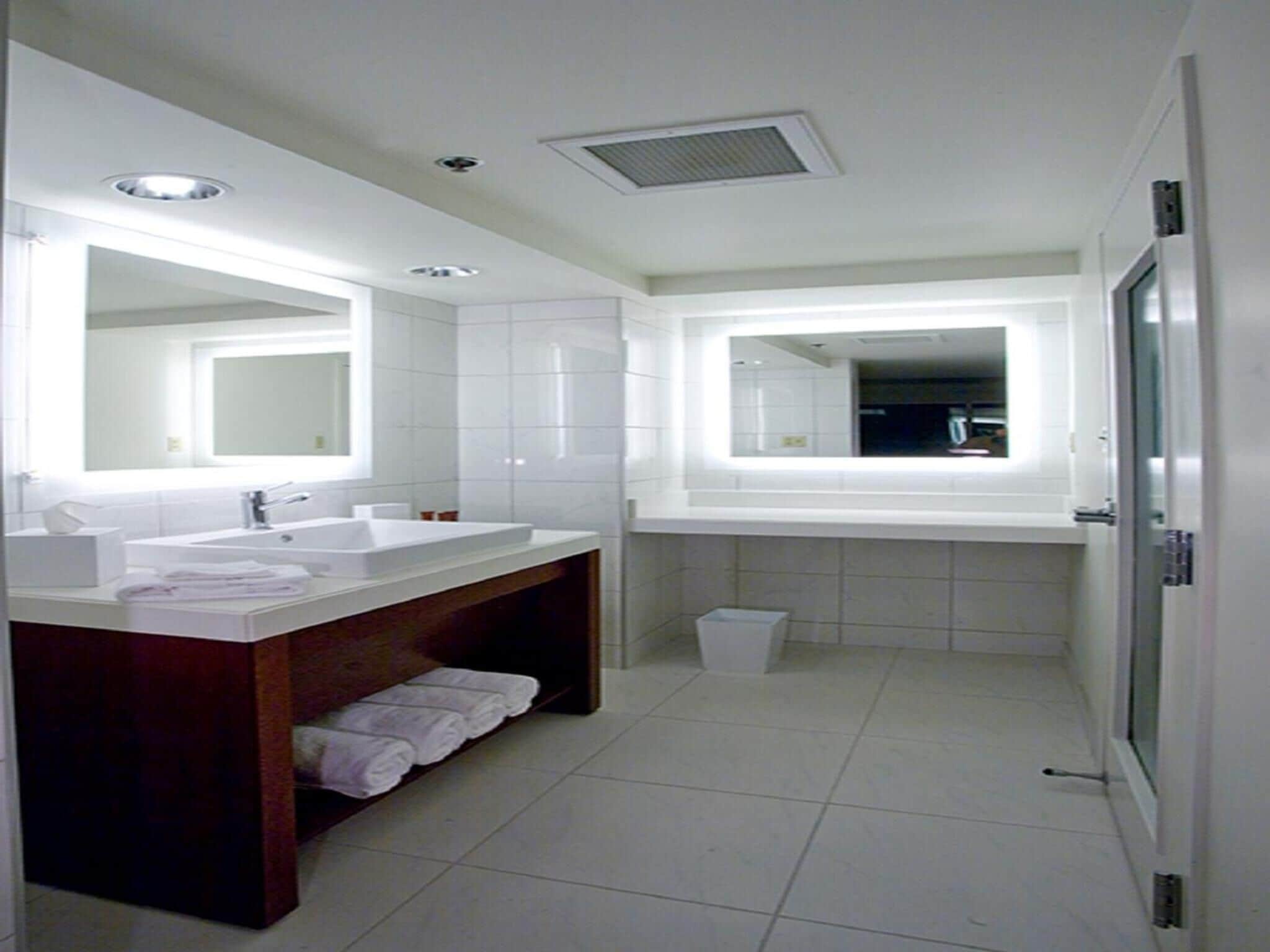 A modern bathroom with two sinks, a large mirror, and a walk-in shower.