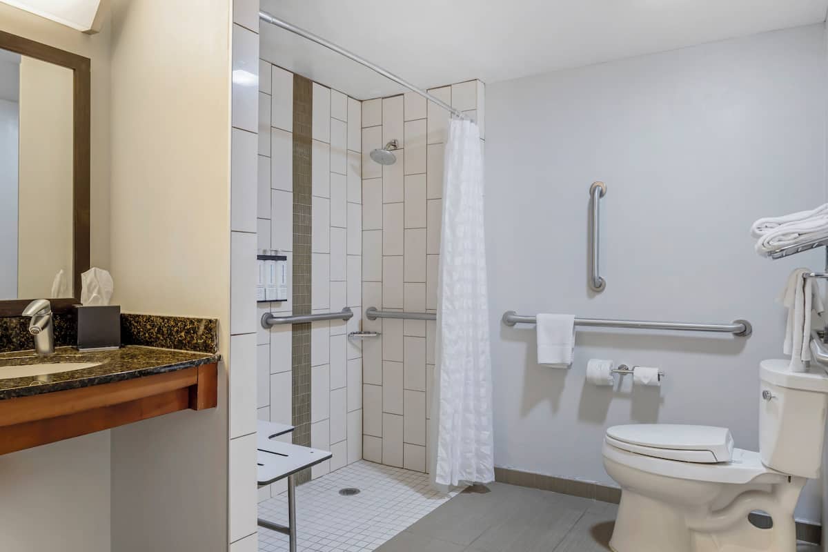 A modern bathroom with a shower, toilet, and sink.