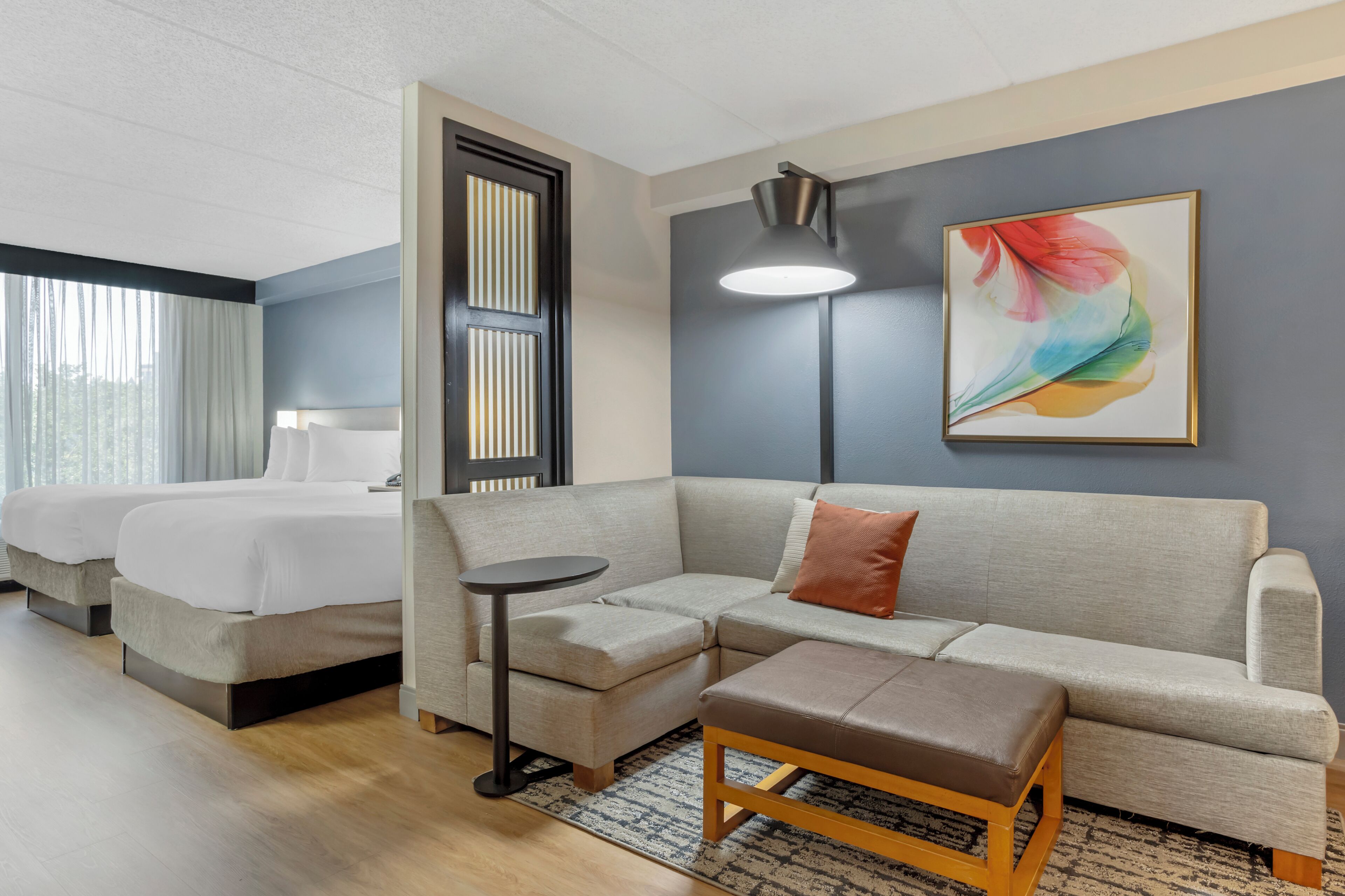 Premium bedding, down comforters, desk, laptop workspace