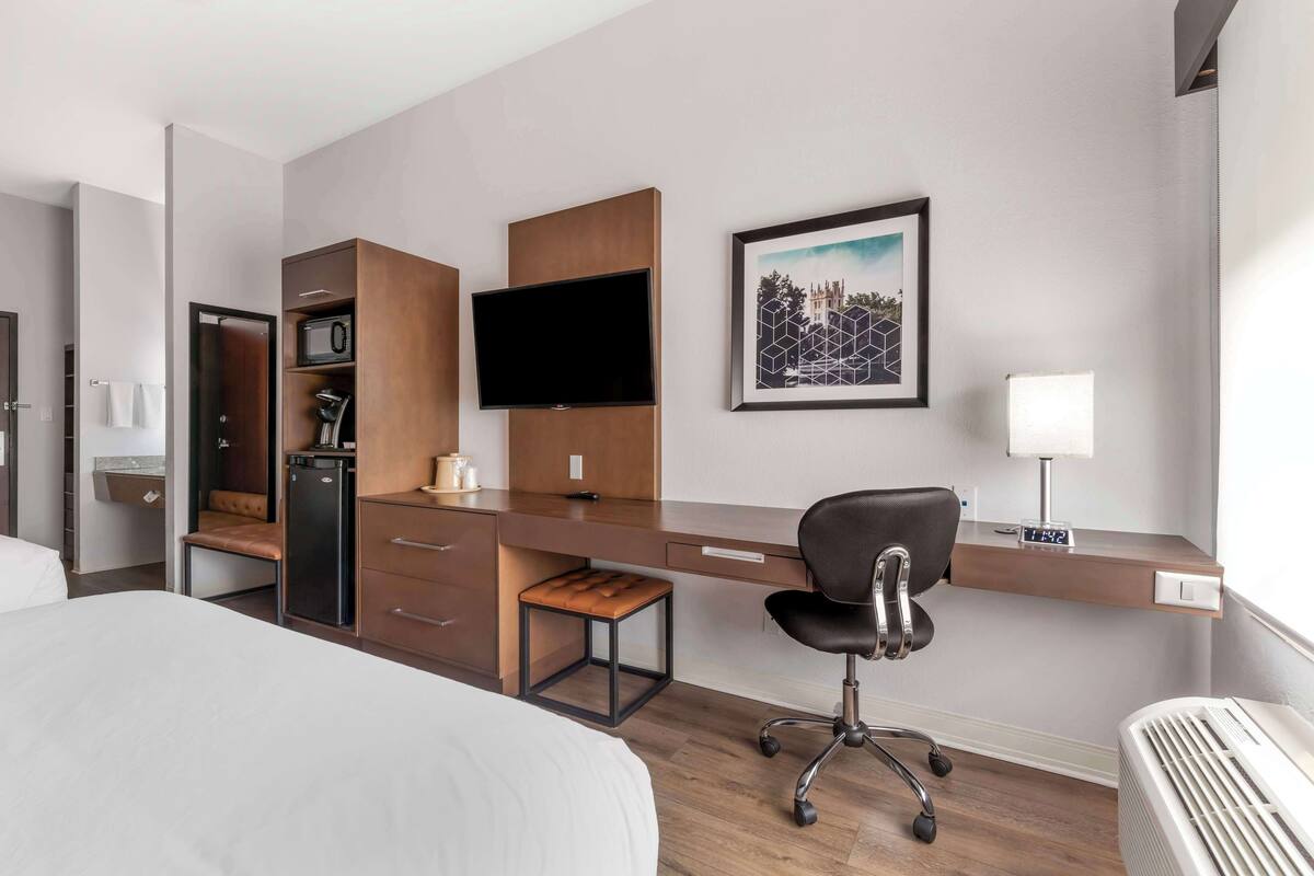 A hotel room with a bed, a desk with a computer, a chair, a TV, a picture on the wall, and a heater.