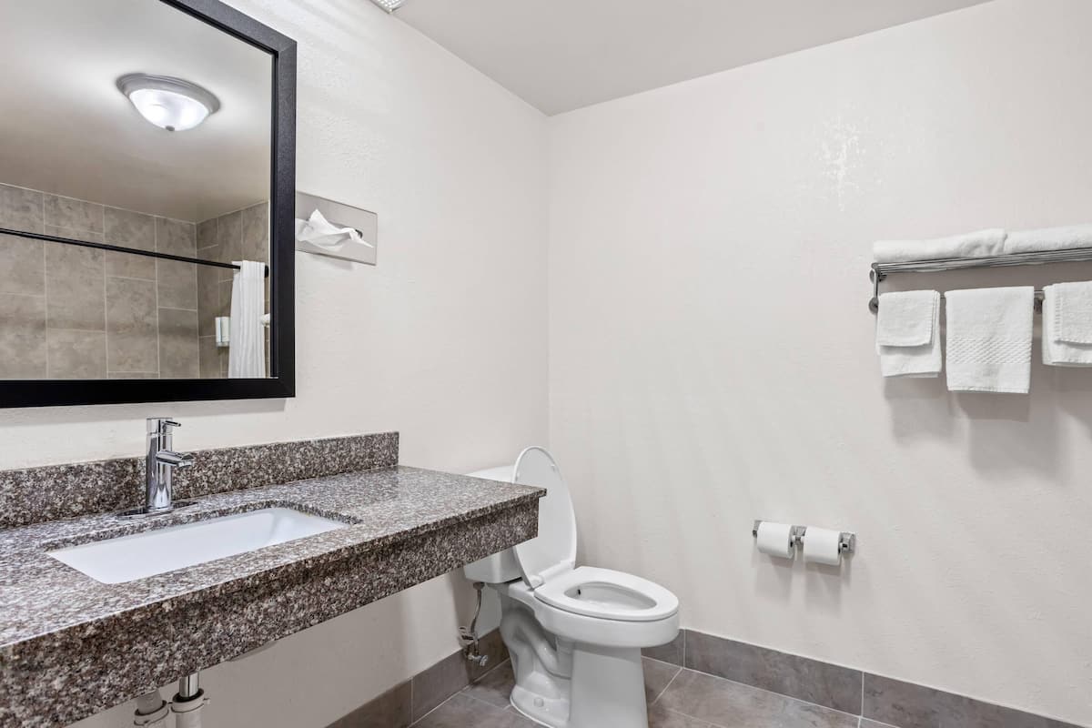 Ein Badezimmer mit Granitwaschtisch, Toilette in Weiß, Handtuchhalter mit mehreren Handtüchern und Spiegel über dem Waschbecken.