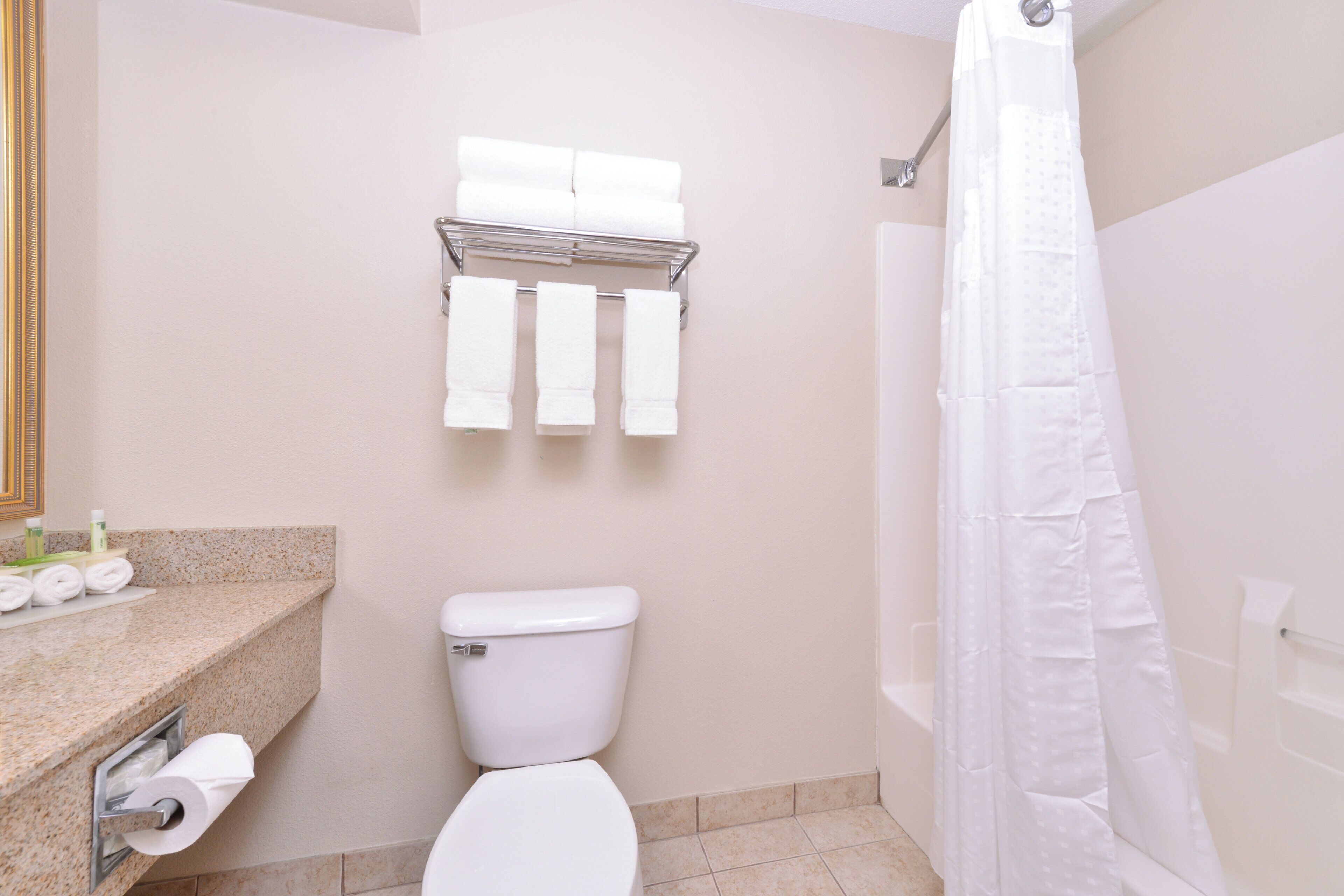 Une salle de bain comprenant des toilettes, un porte-serviettes avec des serviettes, un rideau de douche et un porte-rouleau de papier toilette.