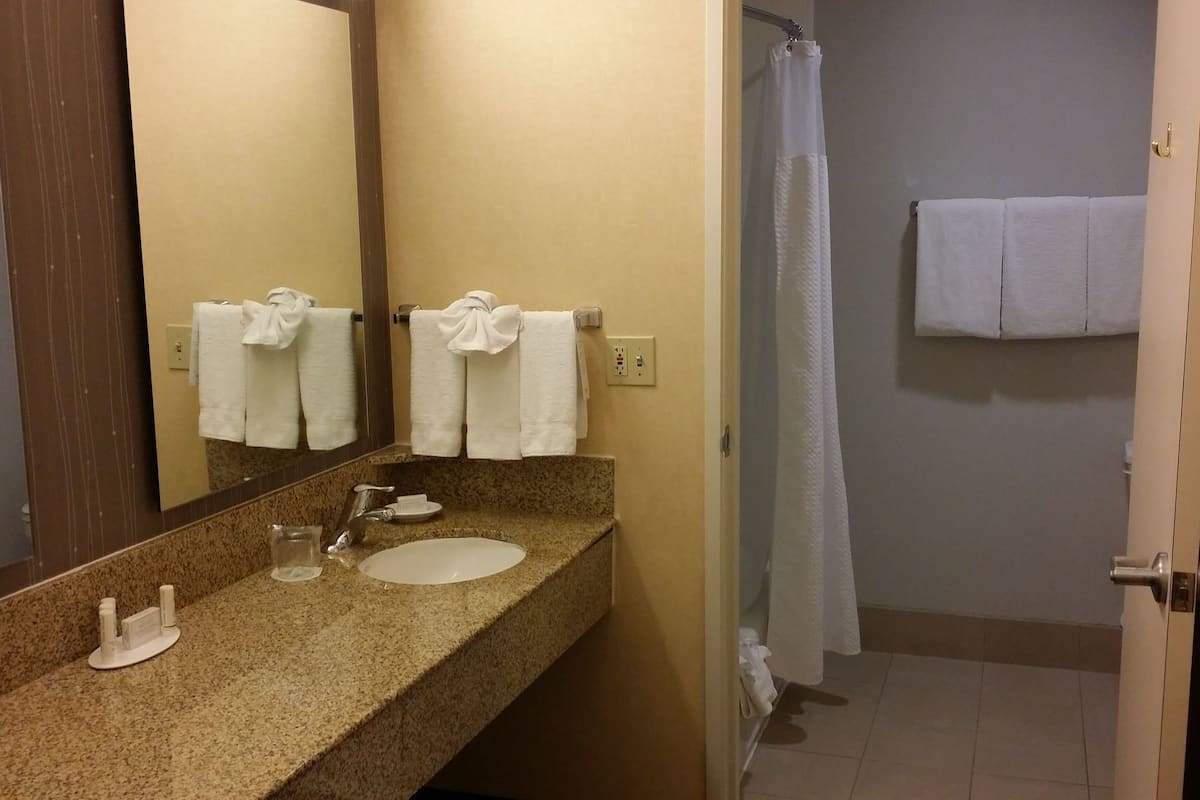 Combined shower/bathtub, free toiletries, hair dryer, towels