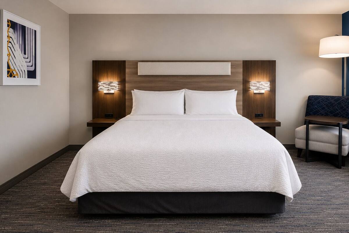 Ein Hotelzimmer mit einem großen Bett, zwei Nachttischen mit Lampen, einem kleinen Beistelltisch, einem Sessel und einem Wandbild.