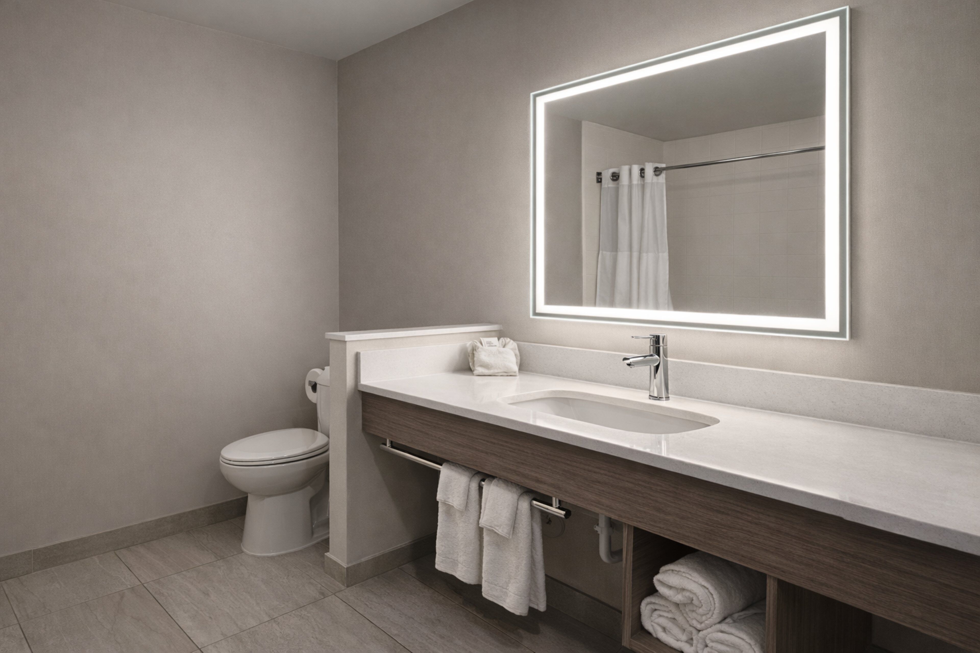 Un baño moderno con un lavamanos blanco, un espejo grande y un inodoro.