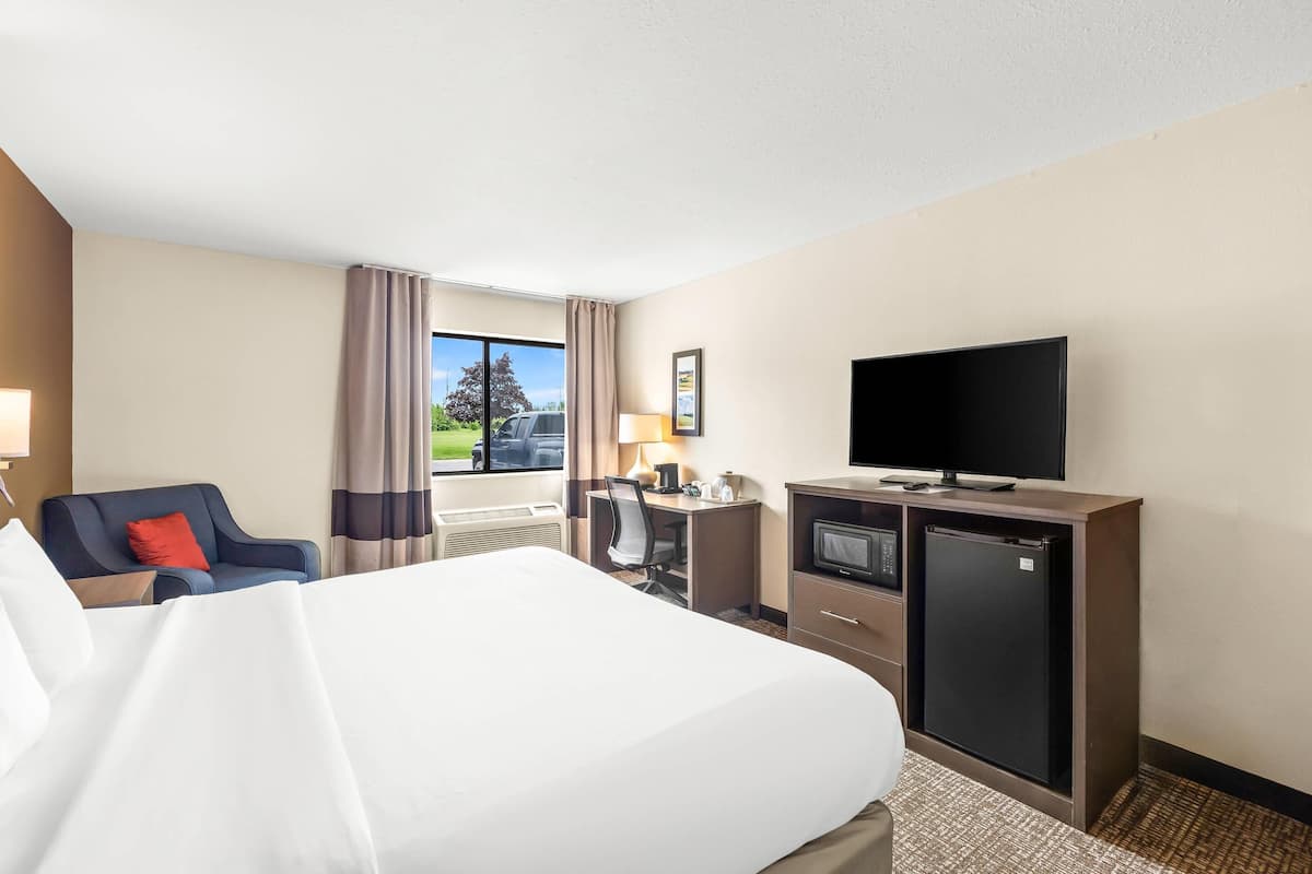 A hotel room with a bed, a desk, a television, and a mini-fridge.
