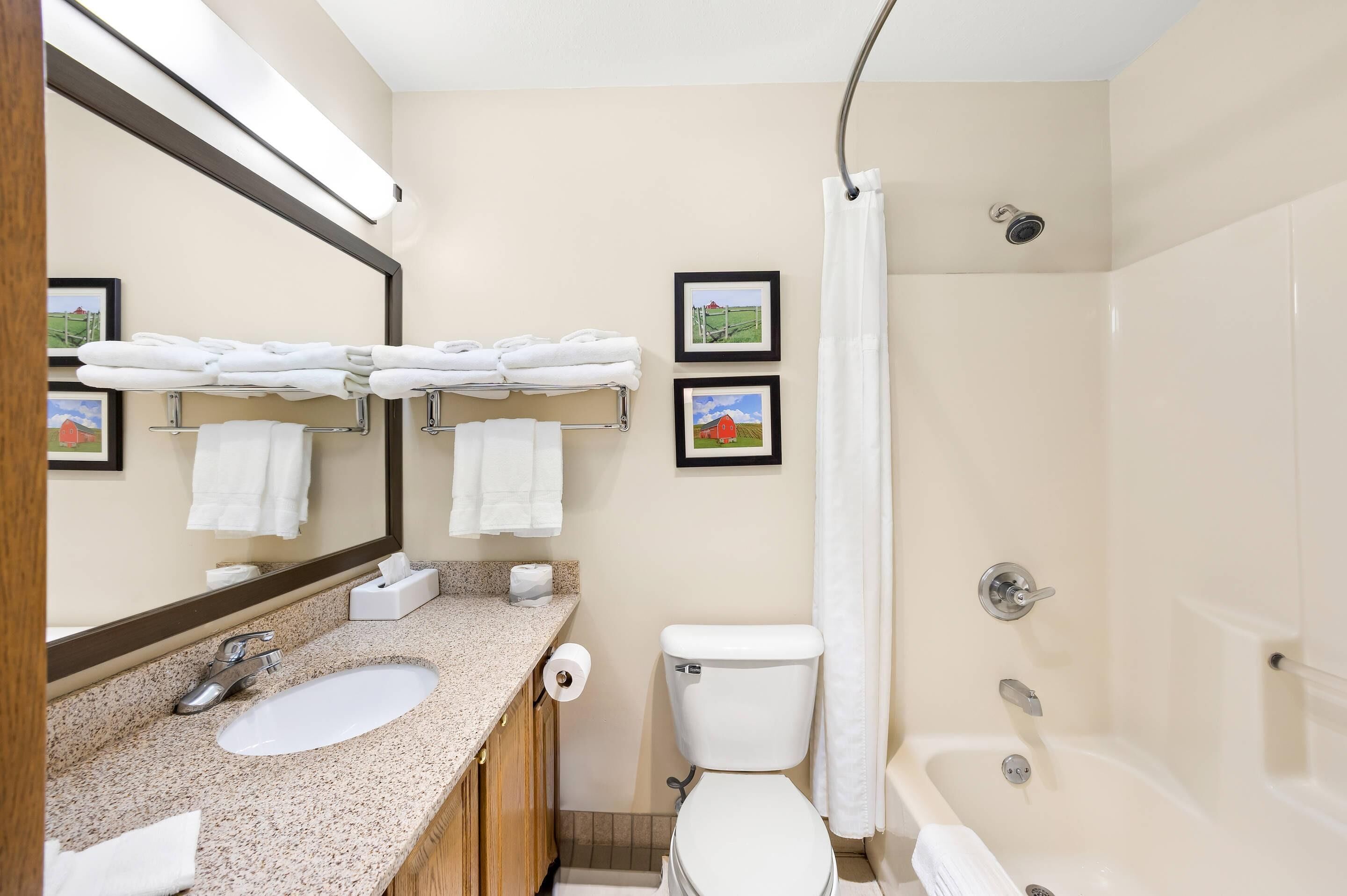 A bathroom with a sink, toilet, and bathtub, featuring a mirror, towel racks, and framed pictures on the wall.
