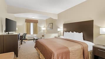 Desk, laptop workspace, blackout drapes, iron/ironing board