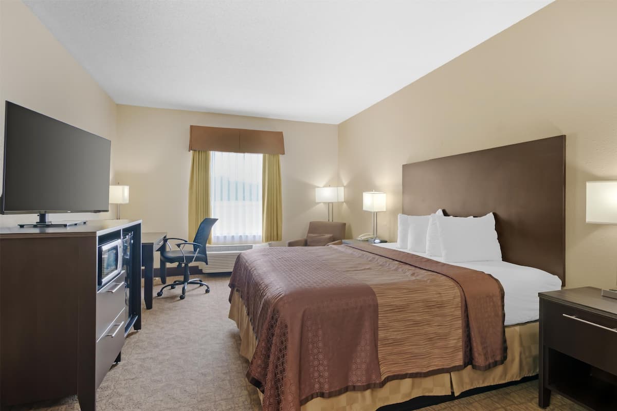A hotel room with a large bed, a desk with a television, a chair, and two bedside lamps.