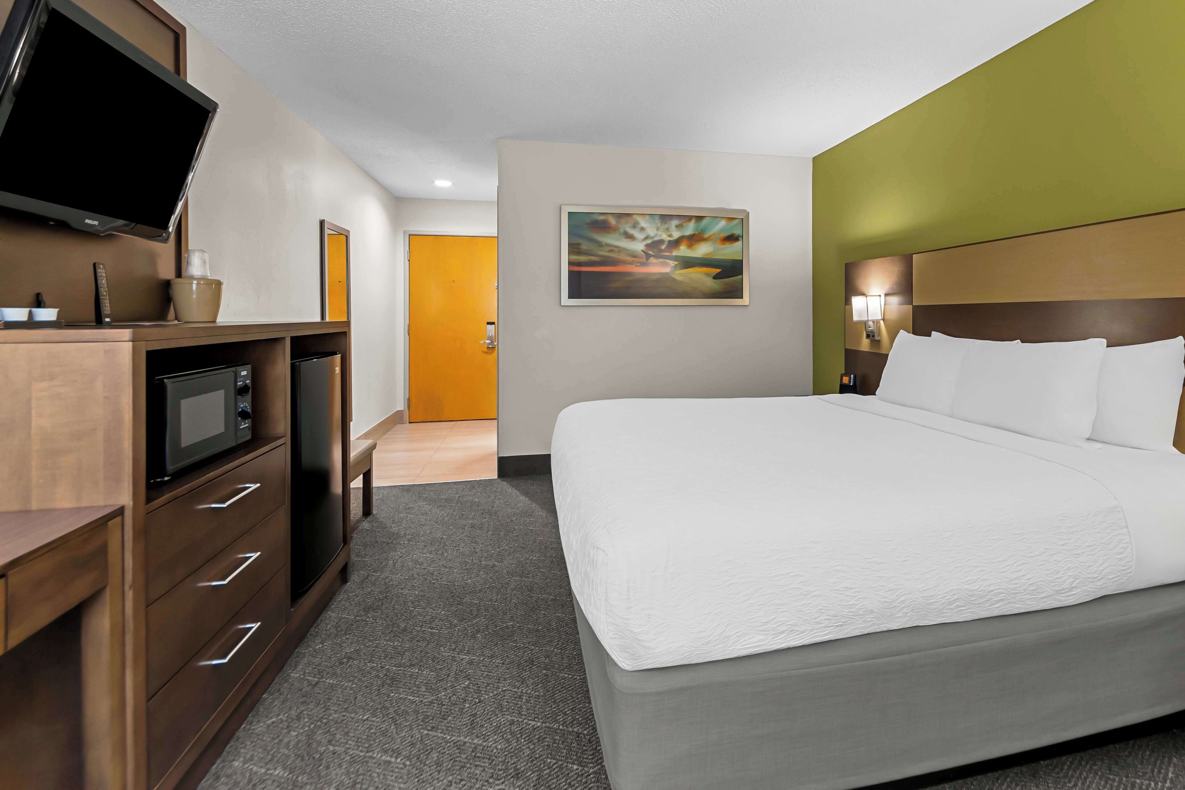 A hotel room with a bed, a TV, a microwave, and a desk.