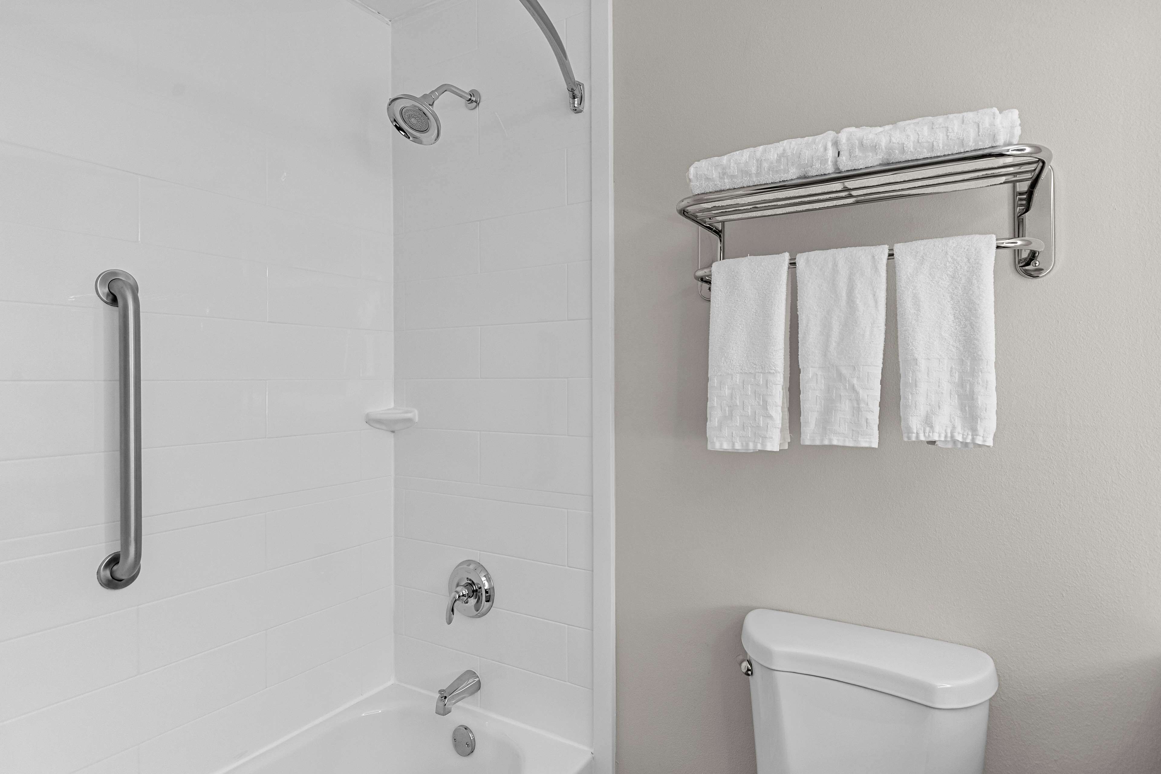 combined shower/bathtub, free toiletries, hair dryer, towels