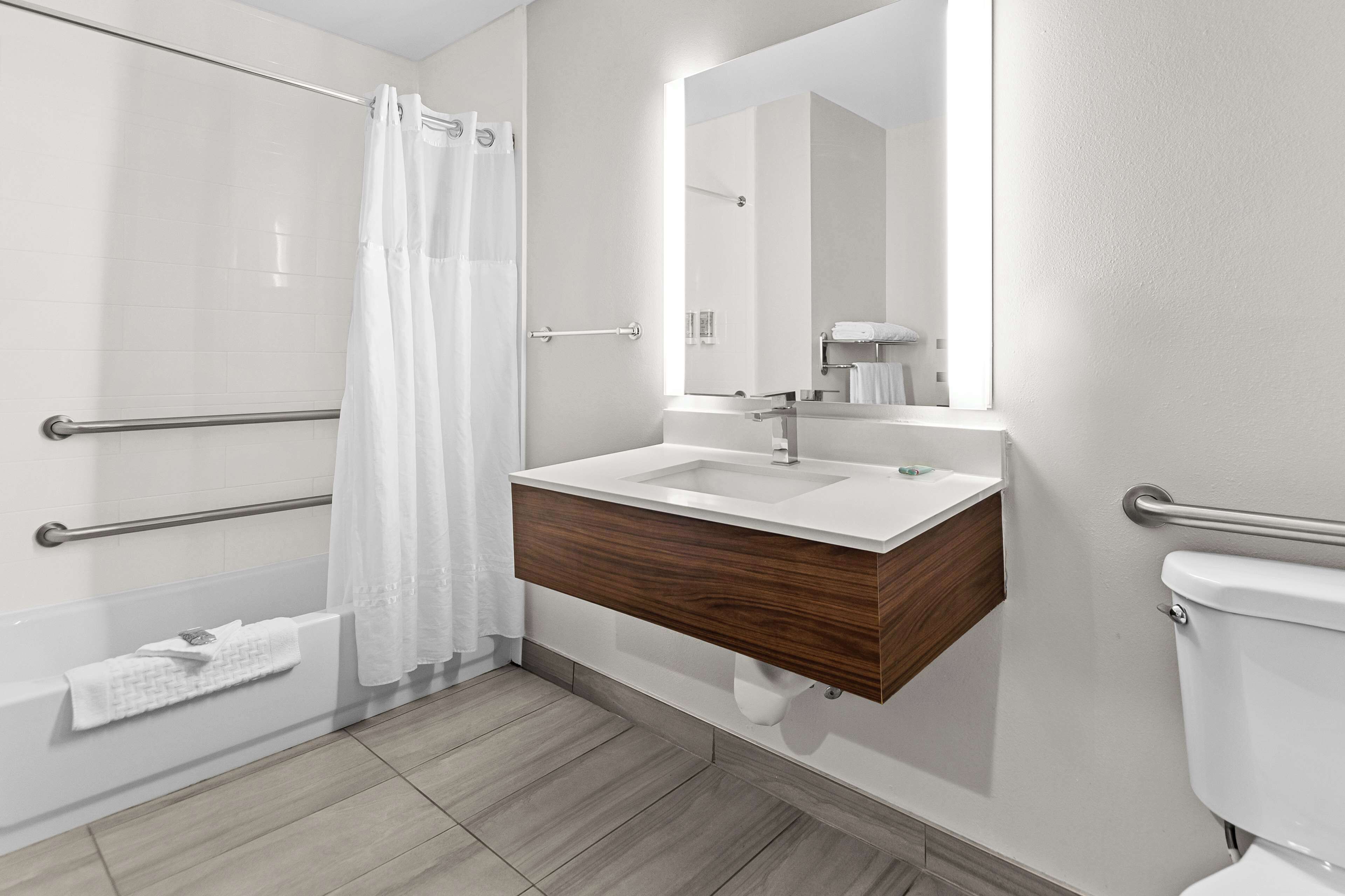 standard room, 1 king bed, accessible, refrigerator & microwave | bathroom | combined shower/bathtub, free toiletries, hair dryer, towels