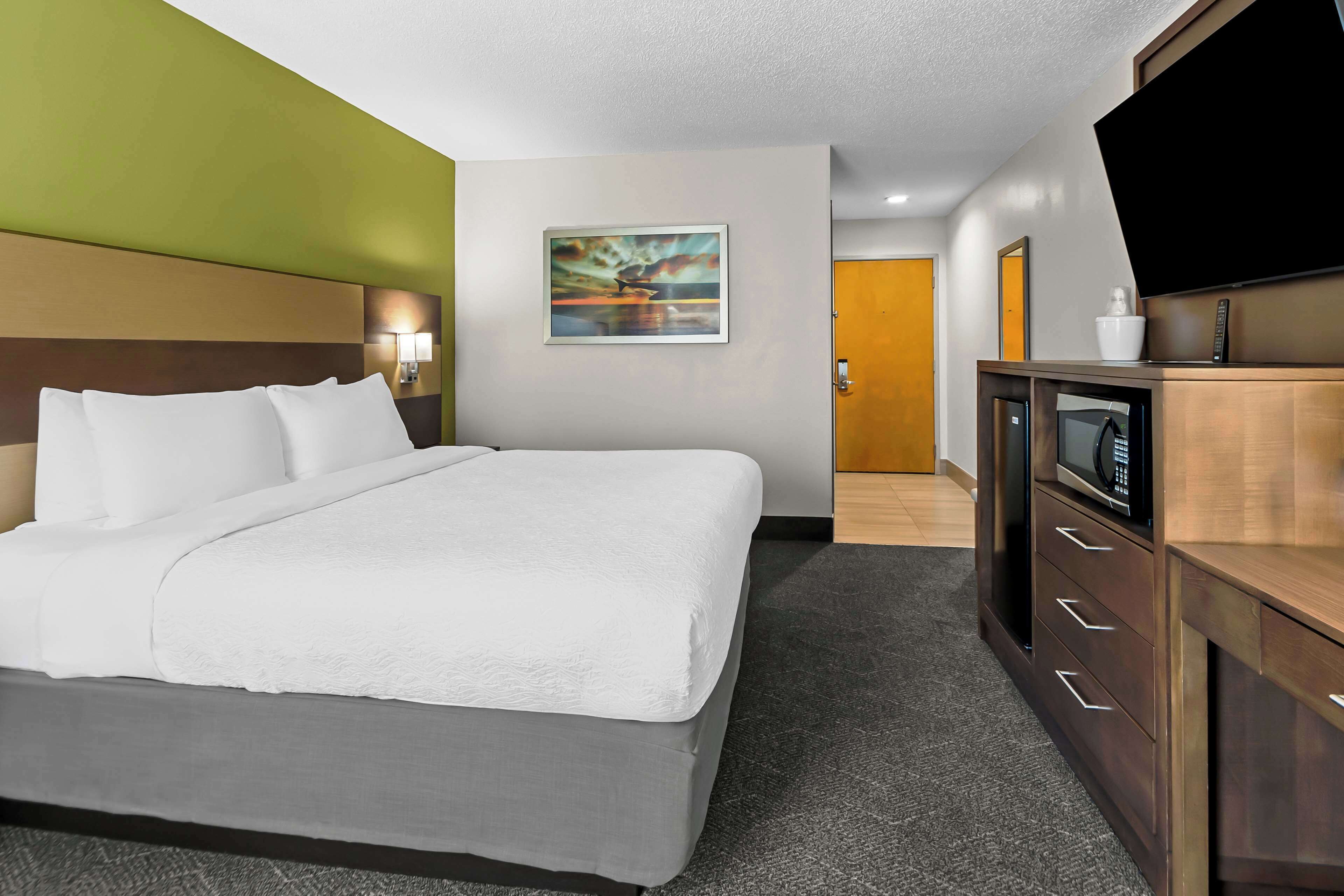 Habitación de hotel con una cama grande, televisión de pantalla plana, microondas y un cuadro en la pared.