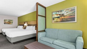 Habitación de hotel con una cama, un sofá y un cuadro de un avión.