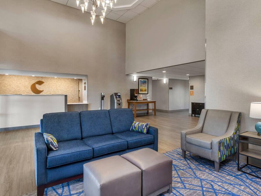 A modern lobby with a reception desk, a blue sofa, a grey armchair, and a patterned rug.