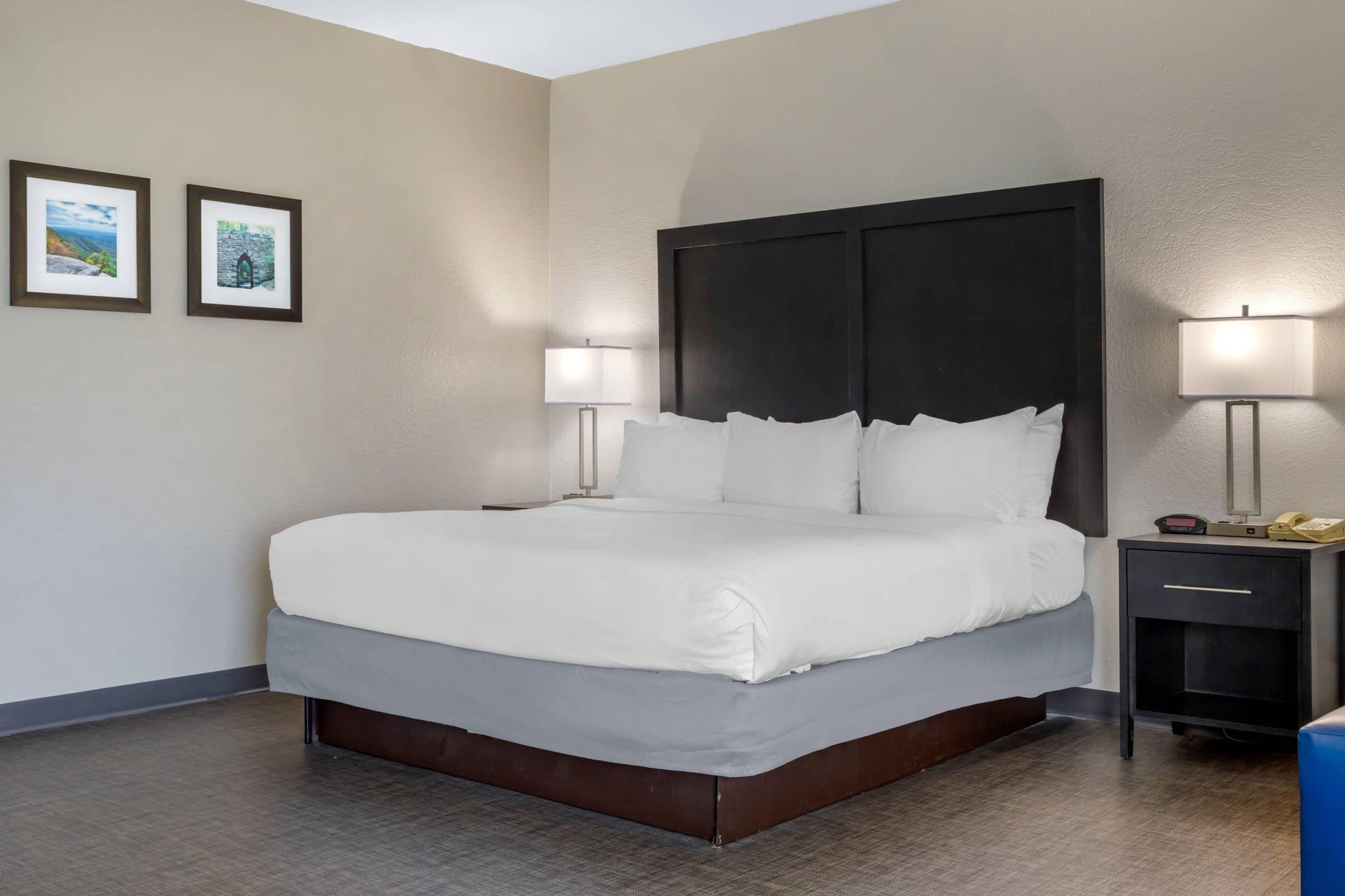 Habitación de hotel con una cama grande, dos lámparas de noche, una mesita de noche con teléfono y dos cuadros en la pared.