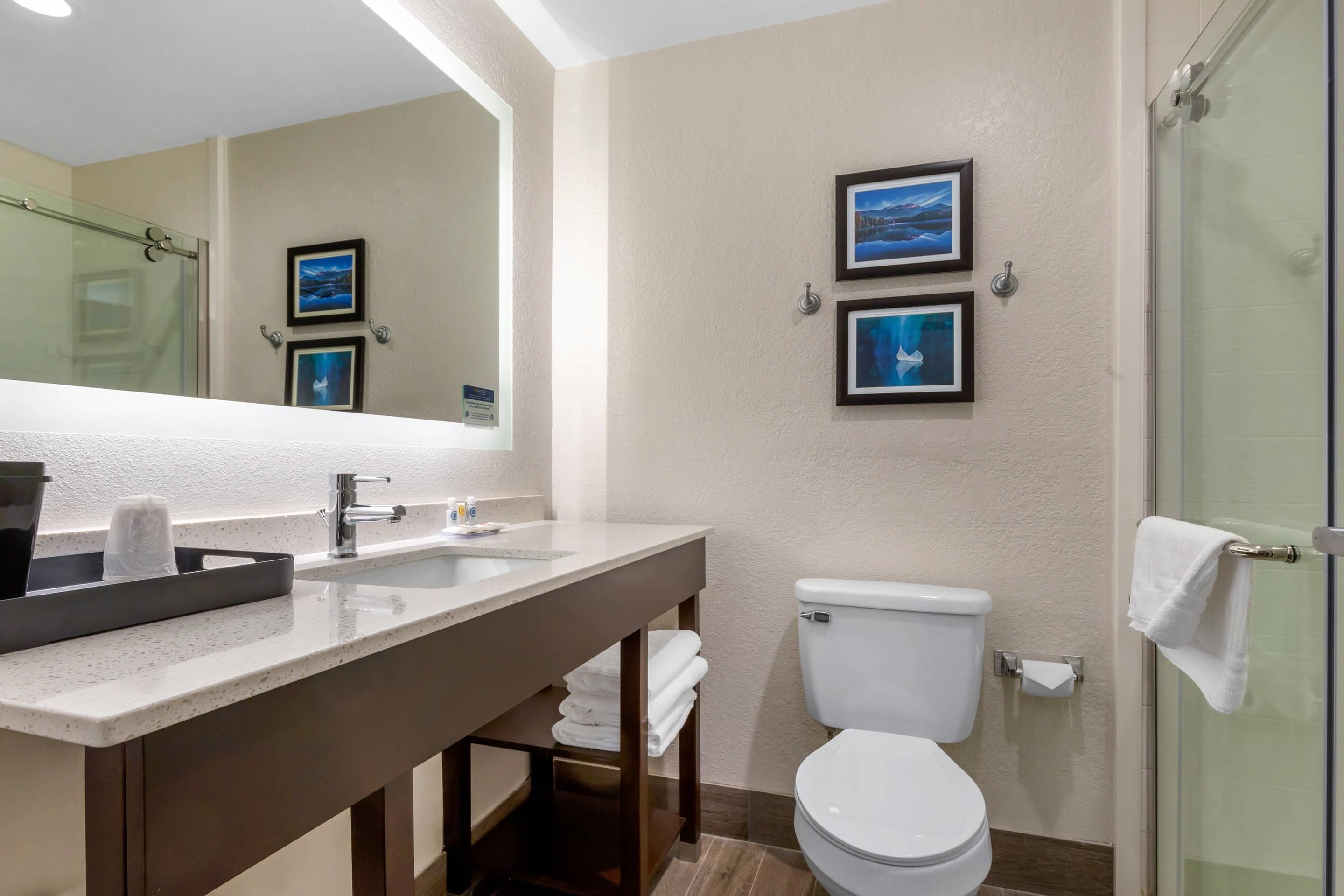 Un baño con lavamanos, inodoro y cabina de ducha con mampara de vidrio.