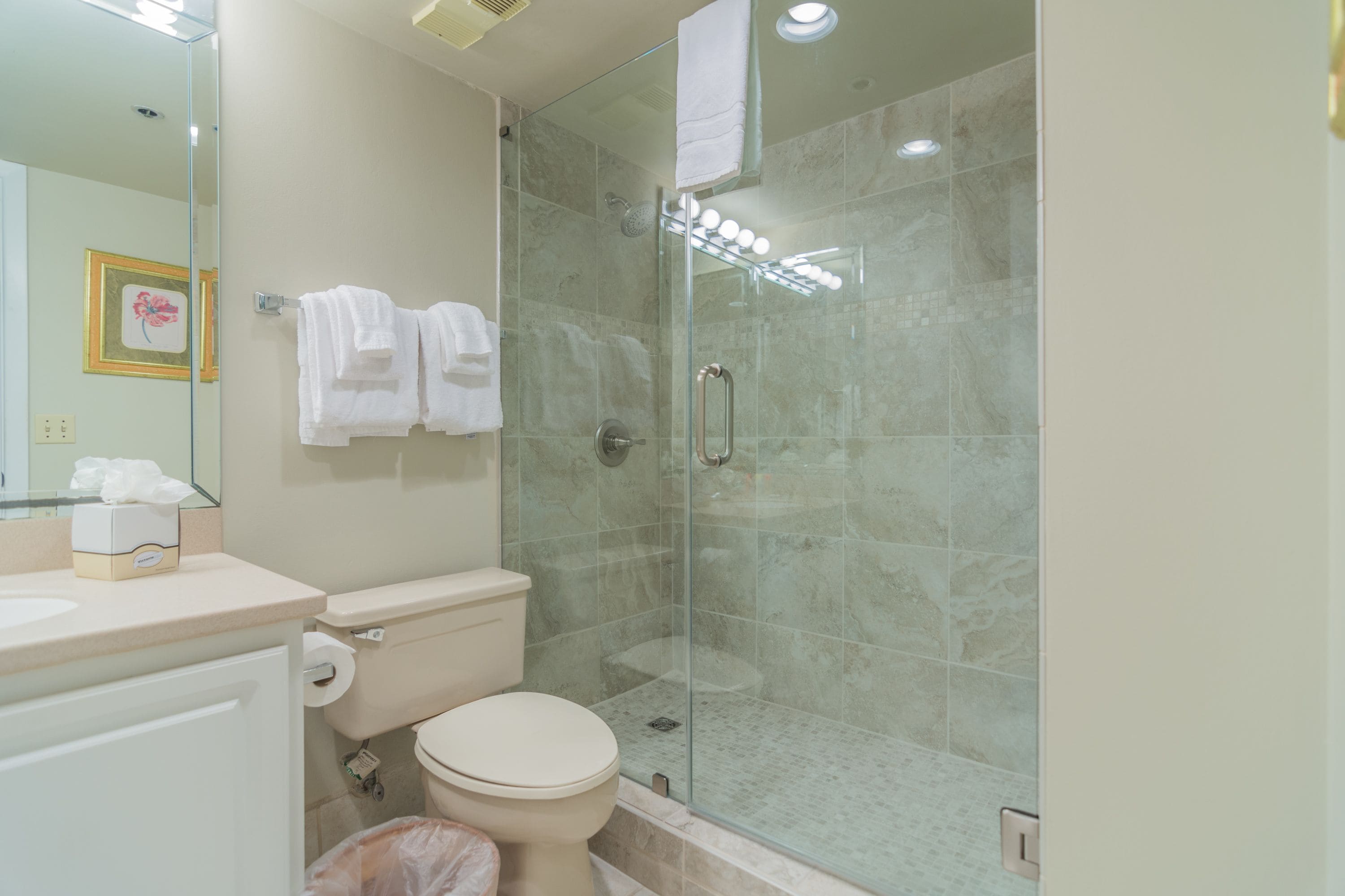 A modern bathroom with a glass-enclosed shower, a toilet, and a sink.